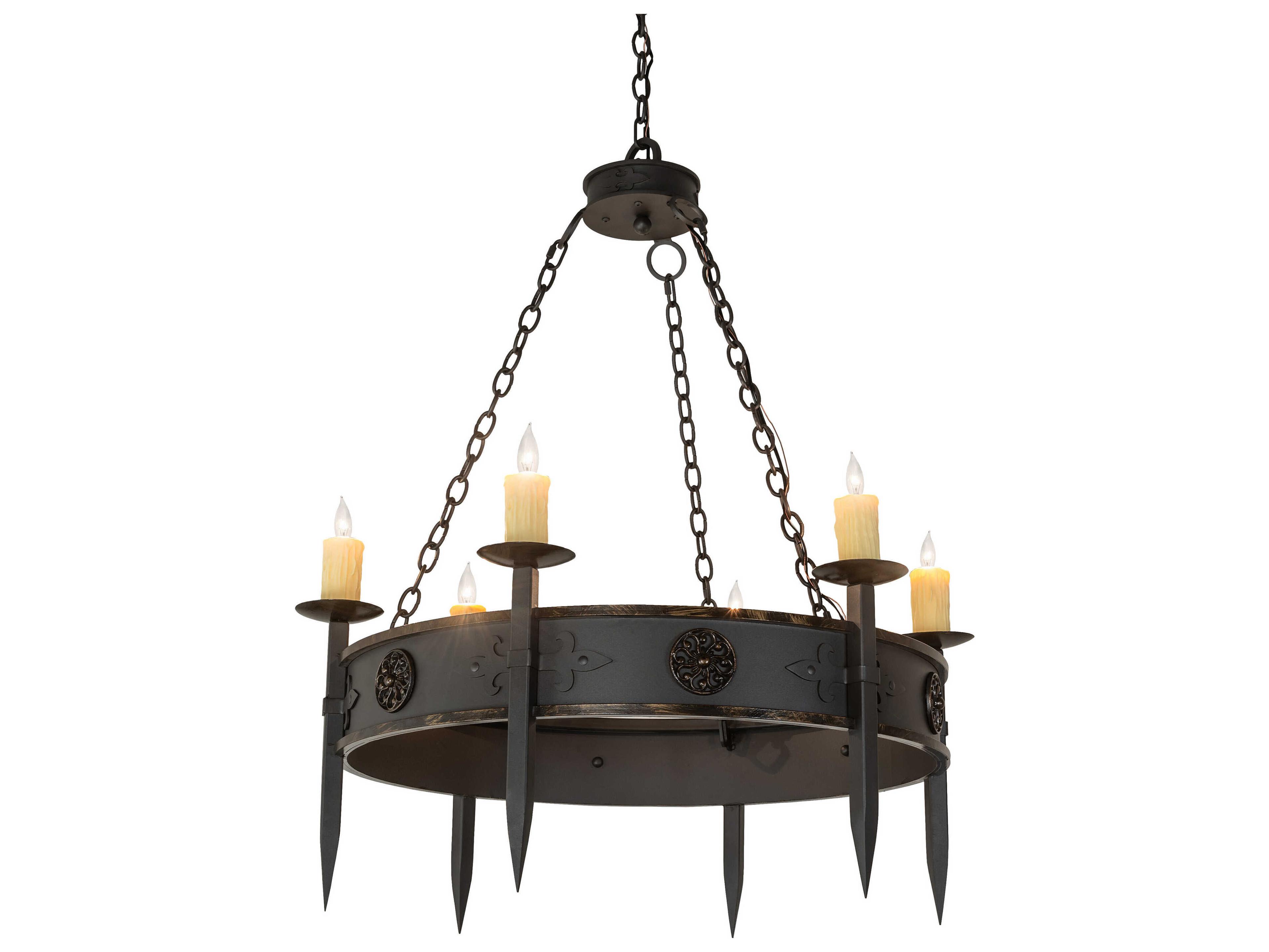 Calandra 6-Light Wrought Iron Antique Brass Gloss Bronze Candelabra Chandelier