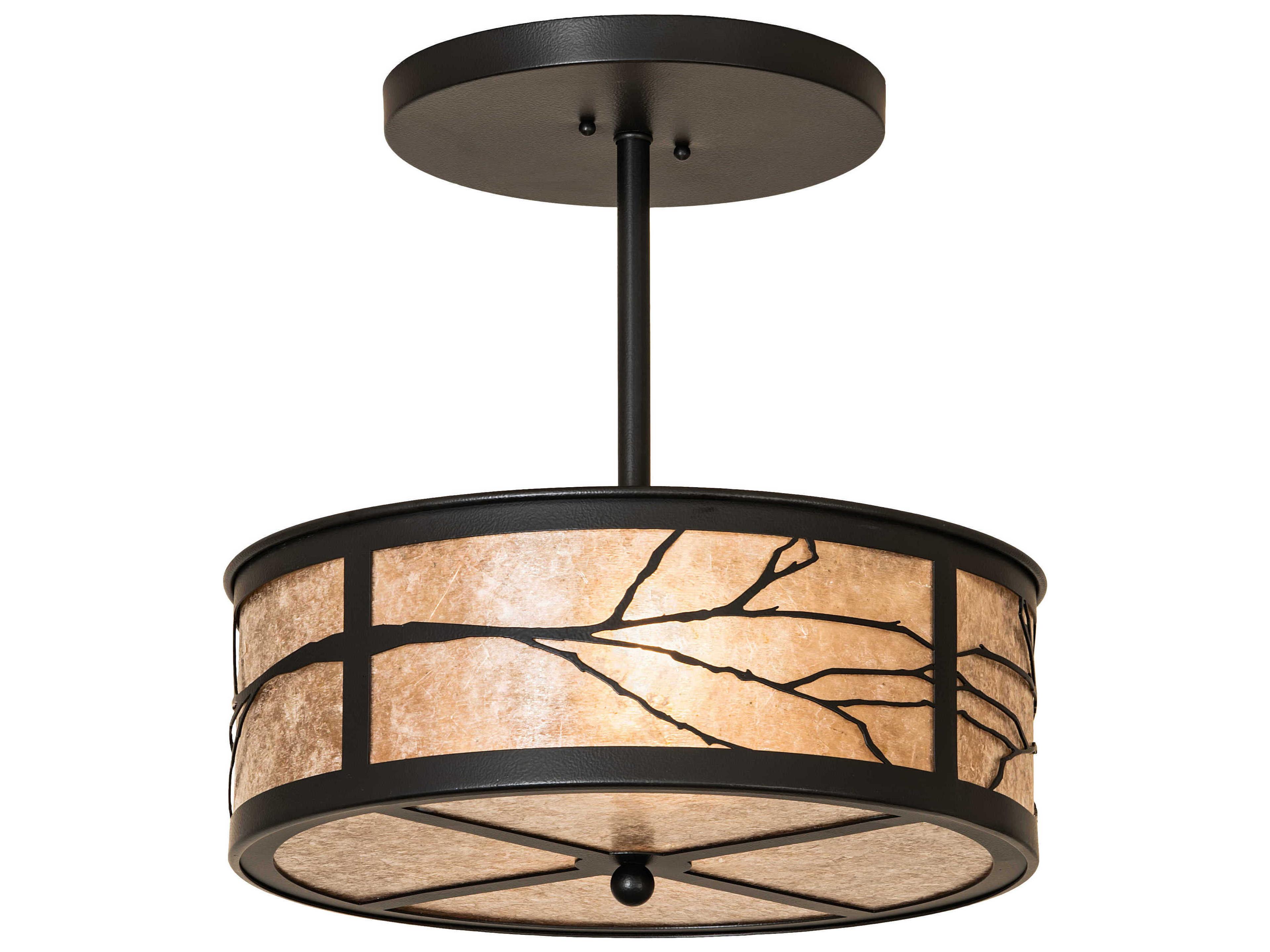 Branches 2-Light Black Satin Wrought Iron Glass Drum Semi Flush Mount