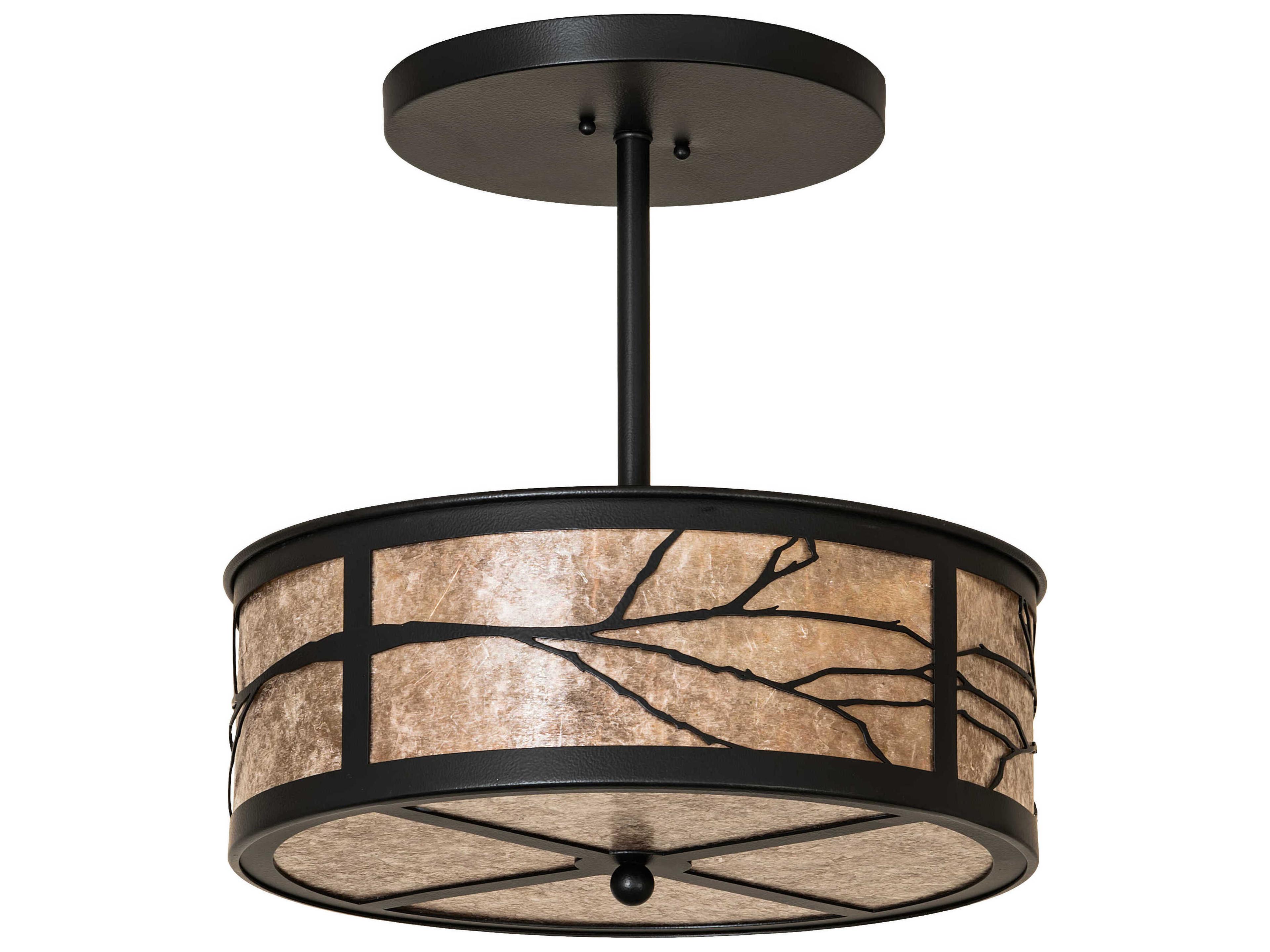 Meyda Branches 2-Light Black Satin Wrought Iron Glass Drum Semi Flush Mount