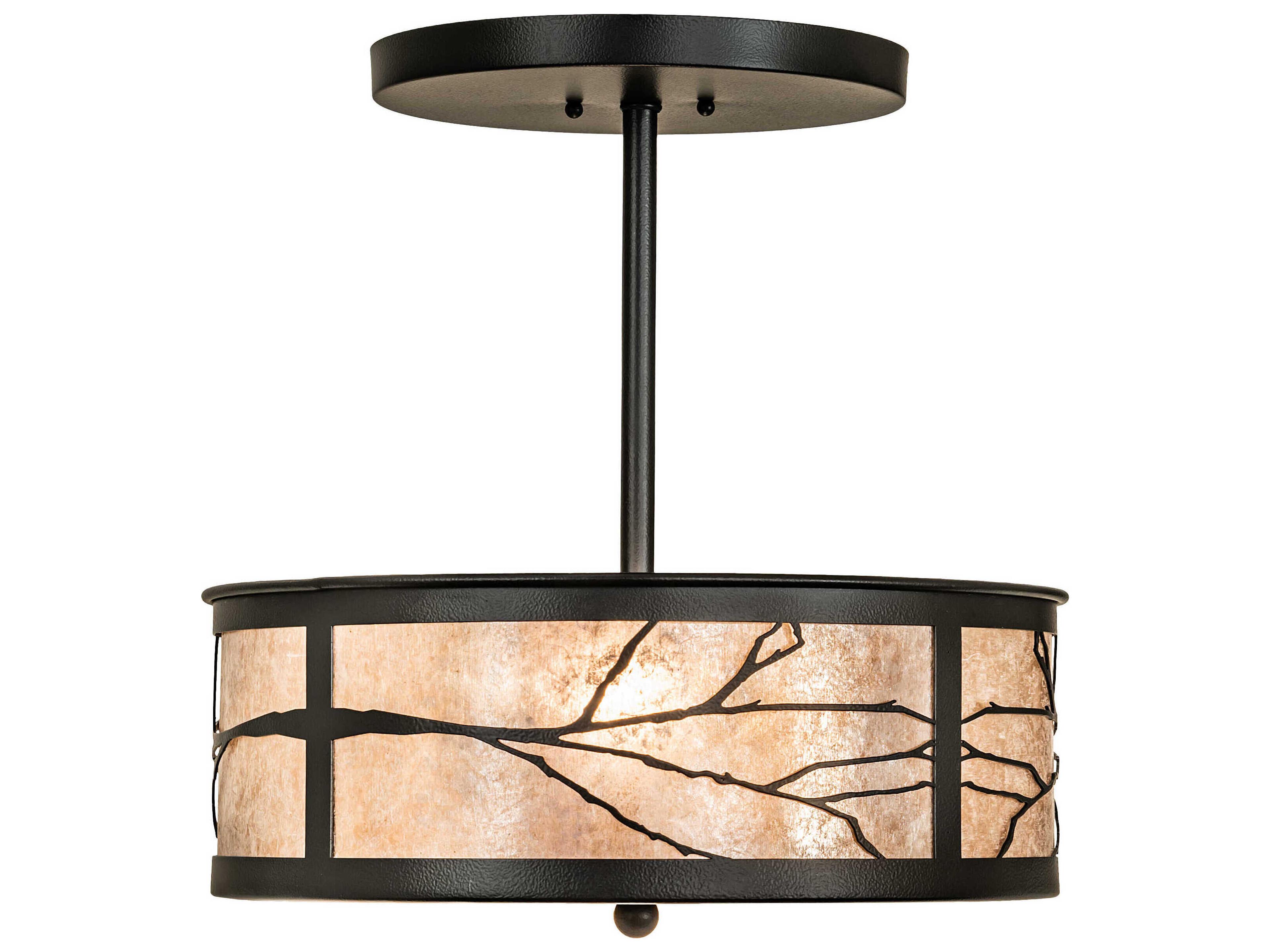Meyda Branches 2-Light Black Satin Wrought Iron Glass Drum Semi Flush Mount