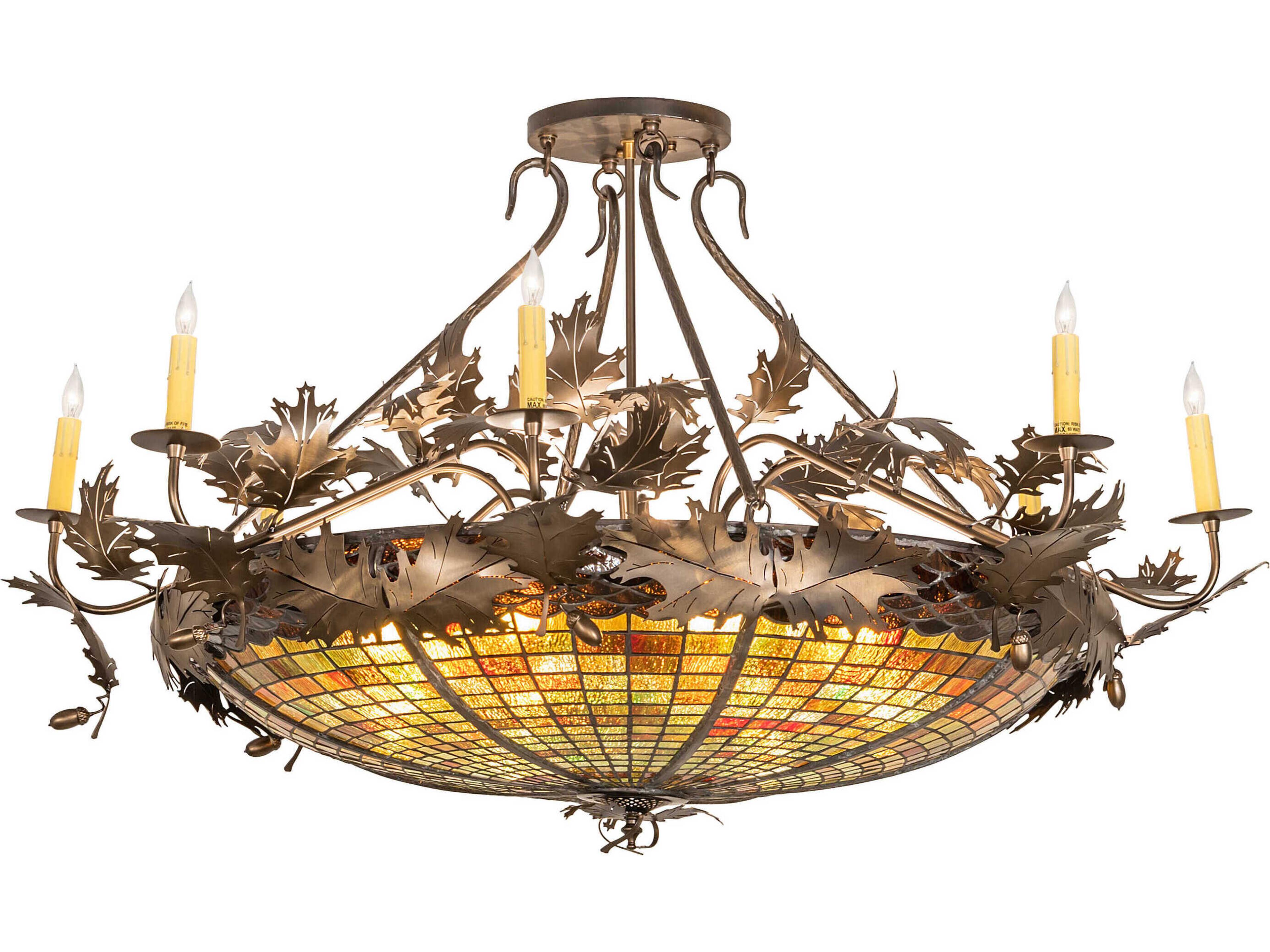 Oak Leaf & Acorn 16-Light6-Light Antique Copper Glass Tiffany Bowl Semi Flush Mount