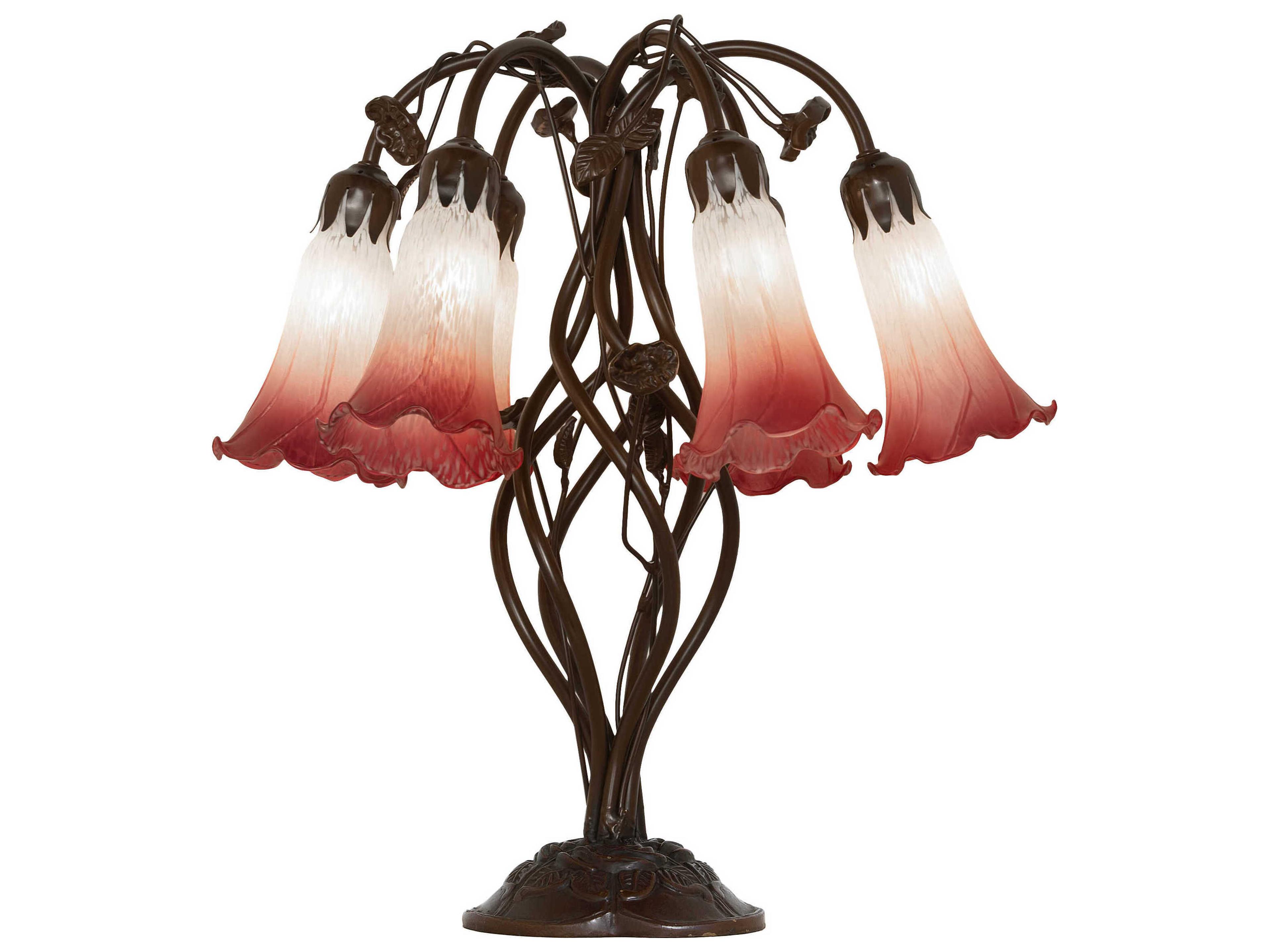 Pond Lily Mahogany Bronze Amber Glass Table Lamp with Pink White Shade