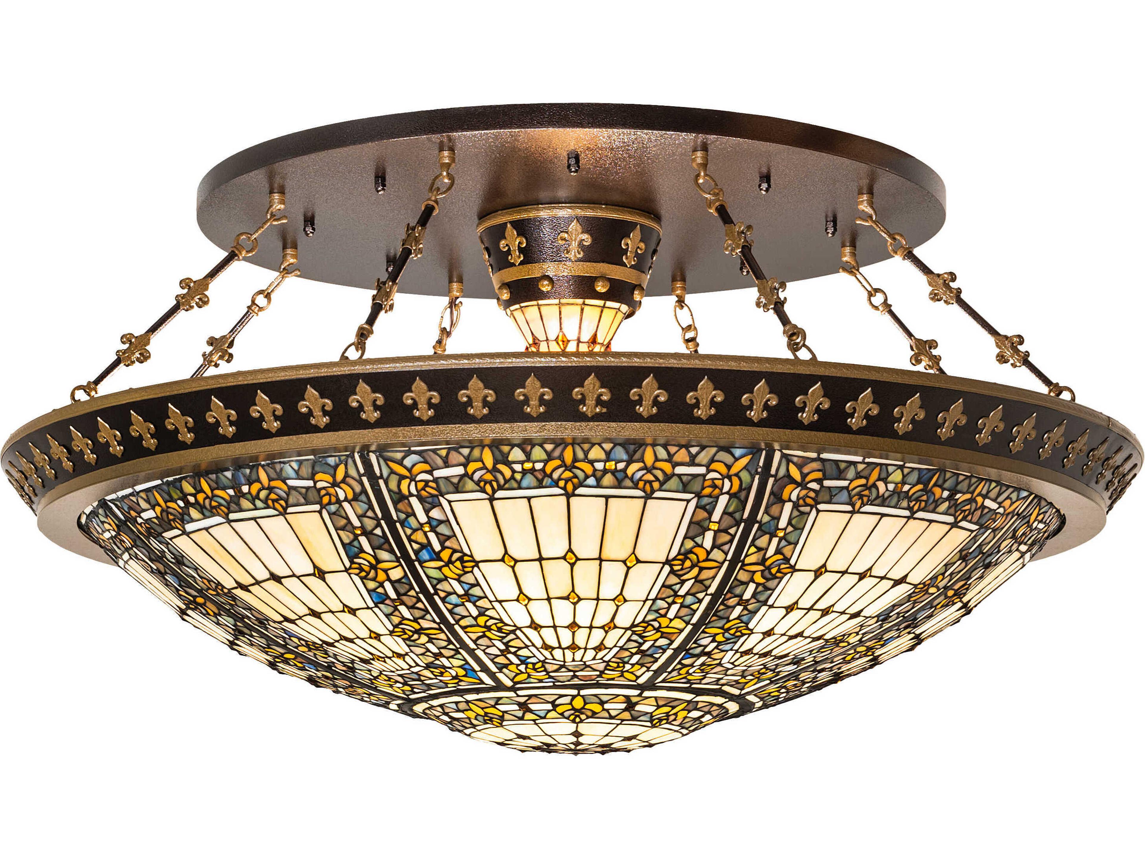 Fleur-de-lis 10-Light Copper Vein Nu Gold Glass LED Bowl Semi Flush Mount