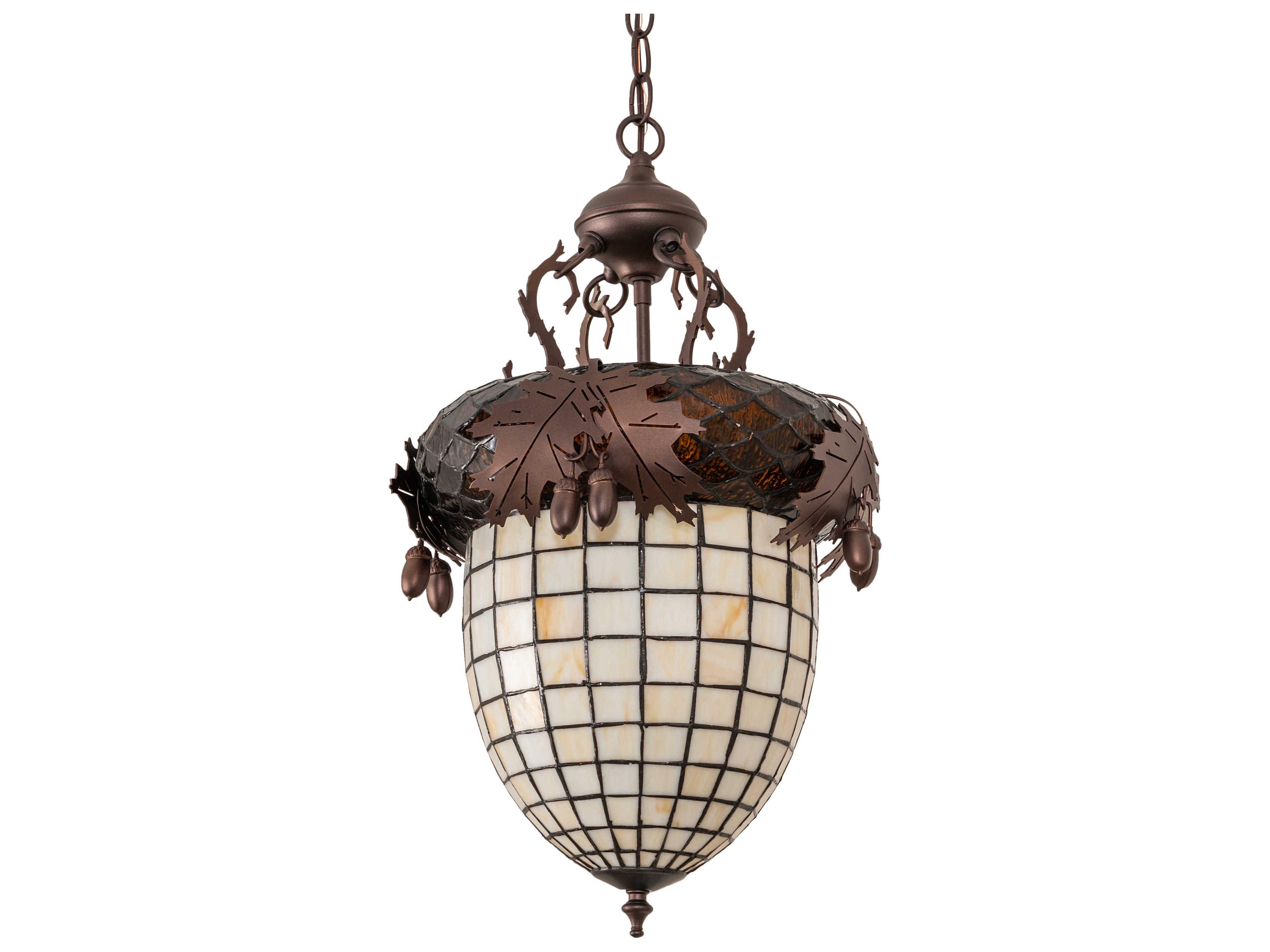 Meyda Oak Leaf & Acorn 3-Light Mahogany Bronze Brown Glass Tiffany Pendant
