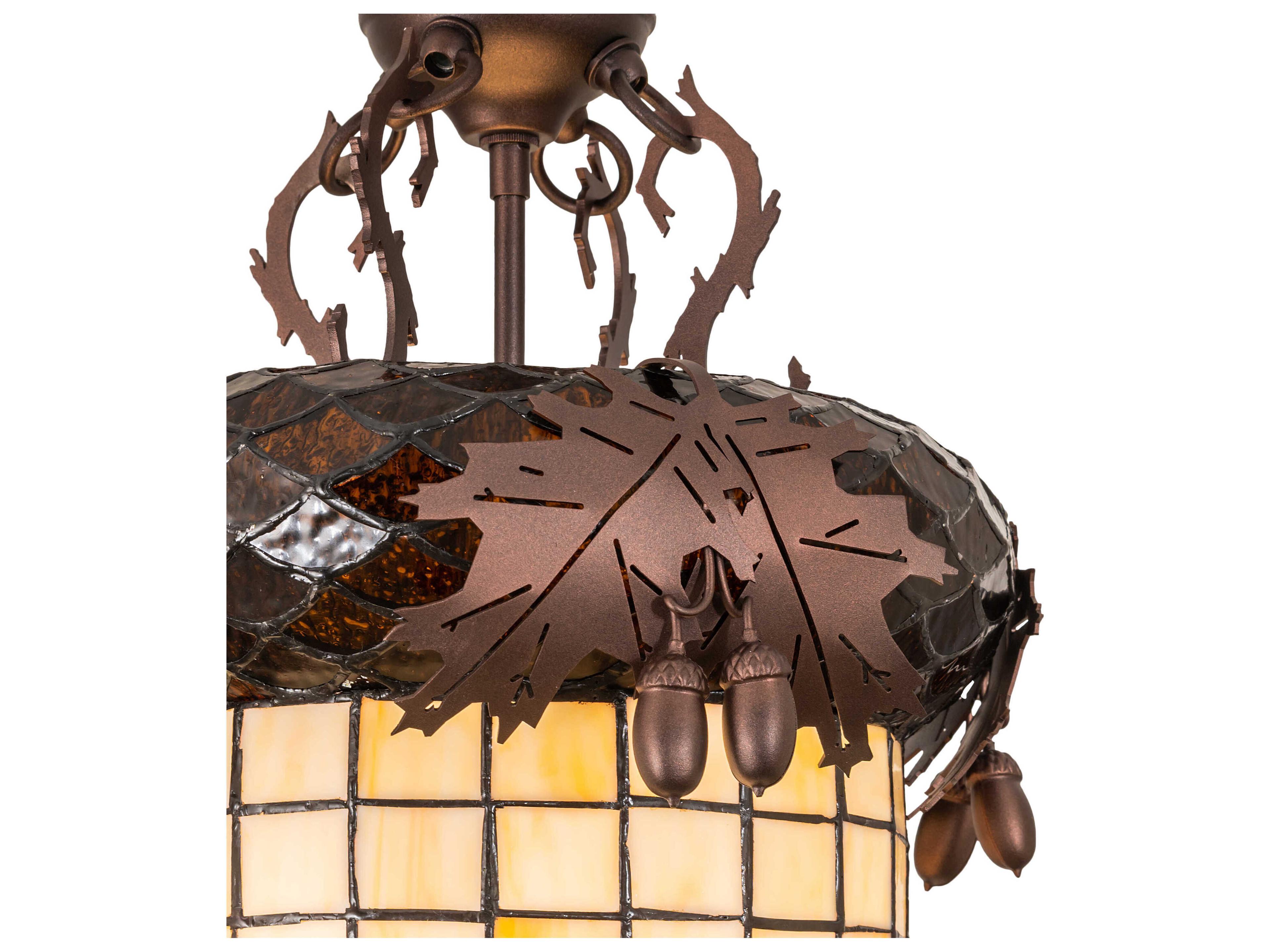 Meyda Oak Leaf & Acorn 3-Light Mahogany Bronze Brown Glass Tiffany Pendant