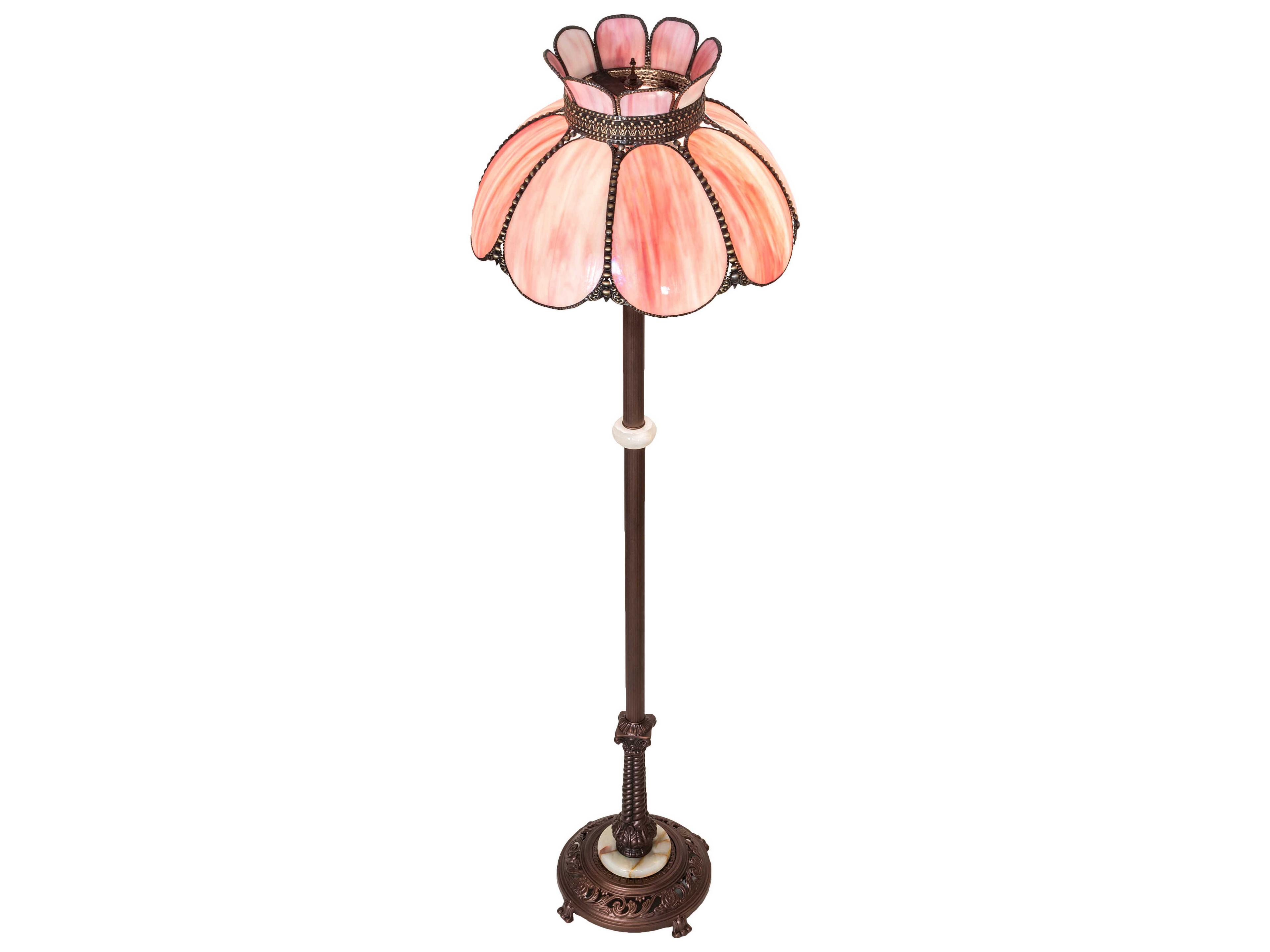 Meyda Anabelle Craftsman Brown Mahogany Bronze Pink Iridescent Glass Tiffany Floor Lamp