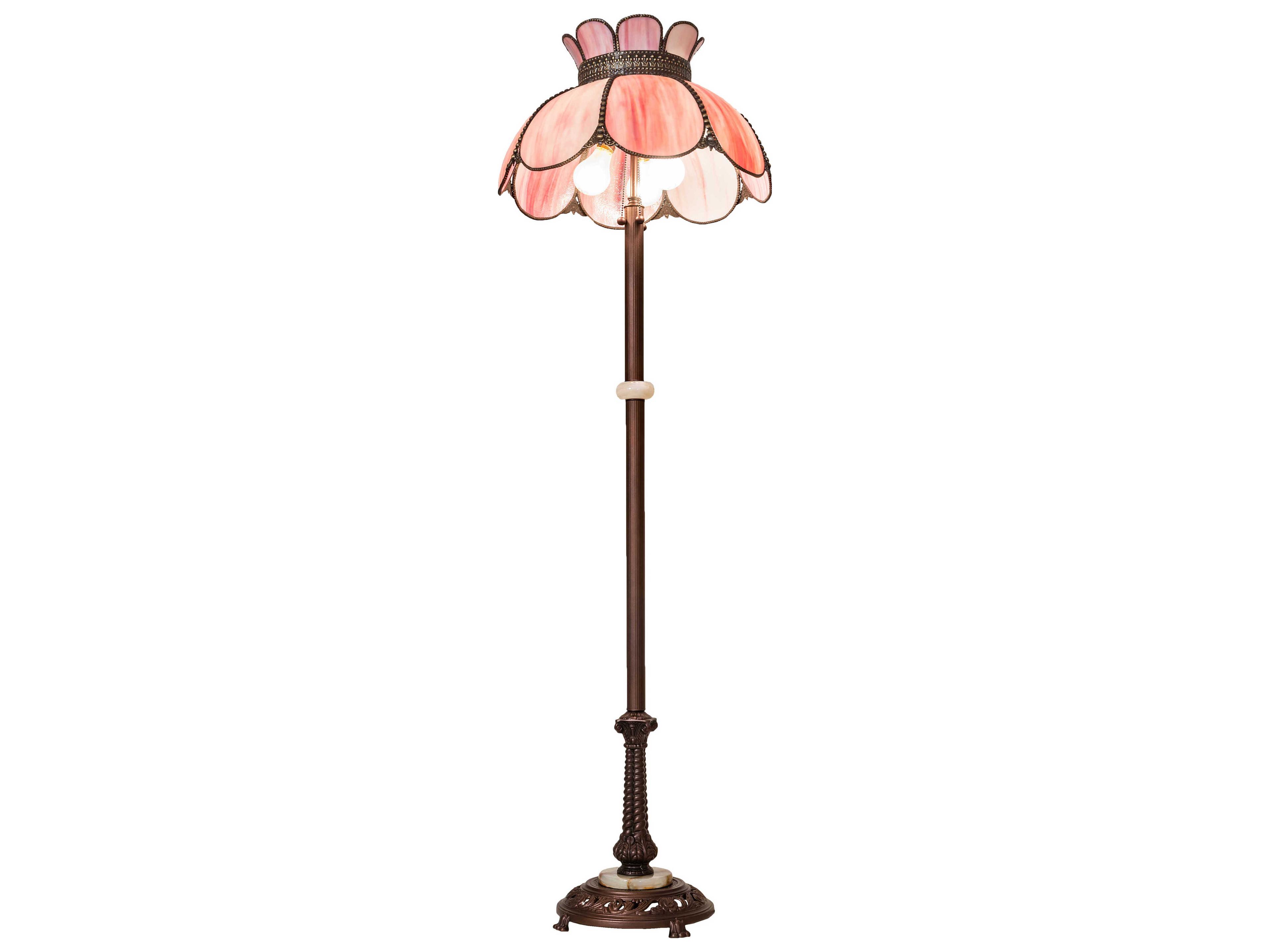 Meyda Anabelle Craftsman Brown Mahogany Bronze Pink Iridescent Glass Tiffany Floor Lamp