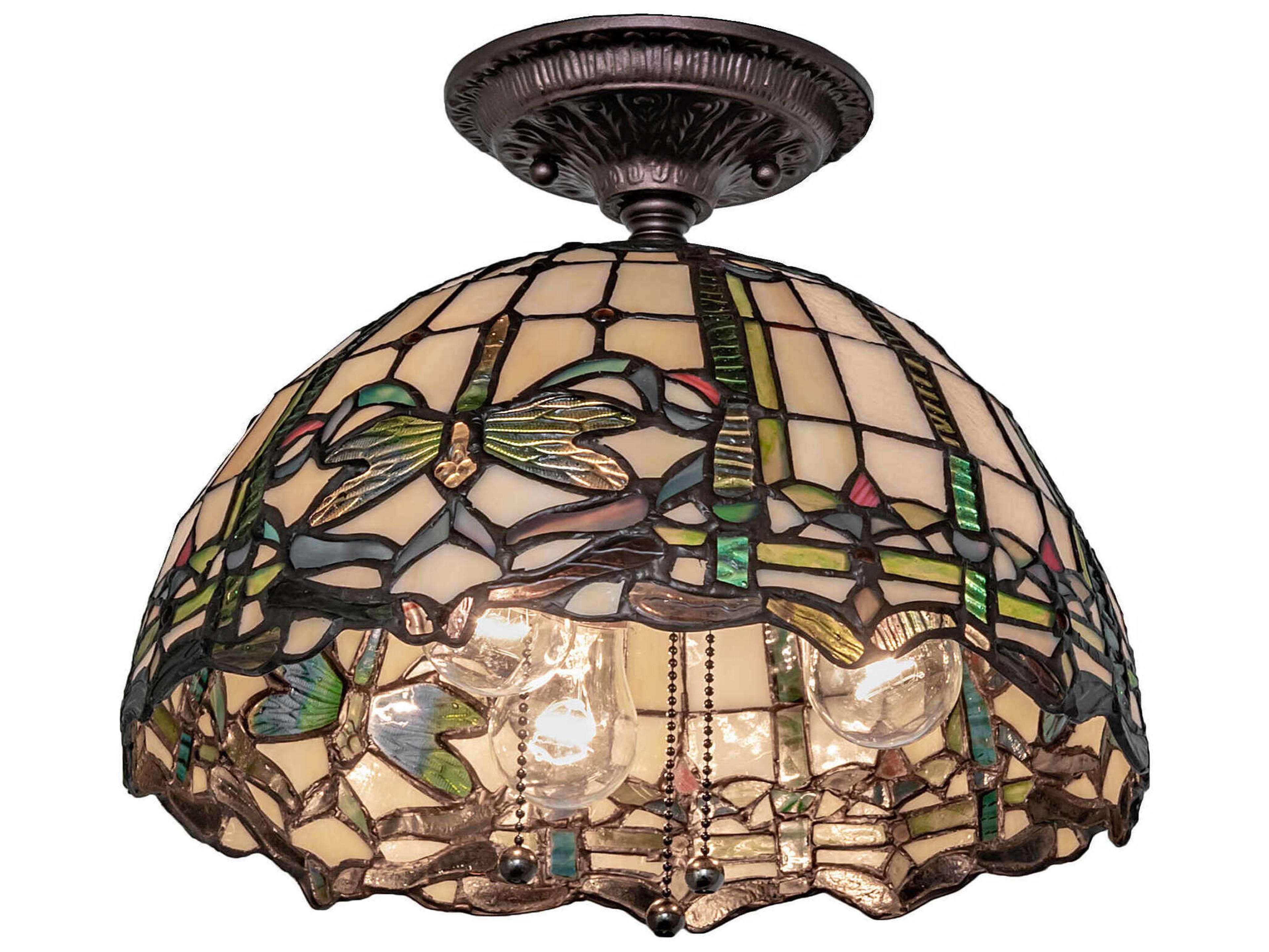 Meyda Tiffany Dragonfly 3-Light Mahogany Bronze Glass Dome Semi Flush Mount