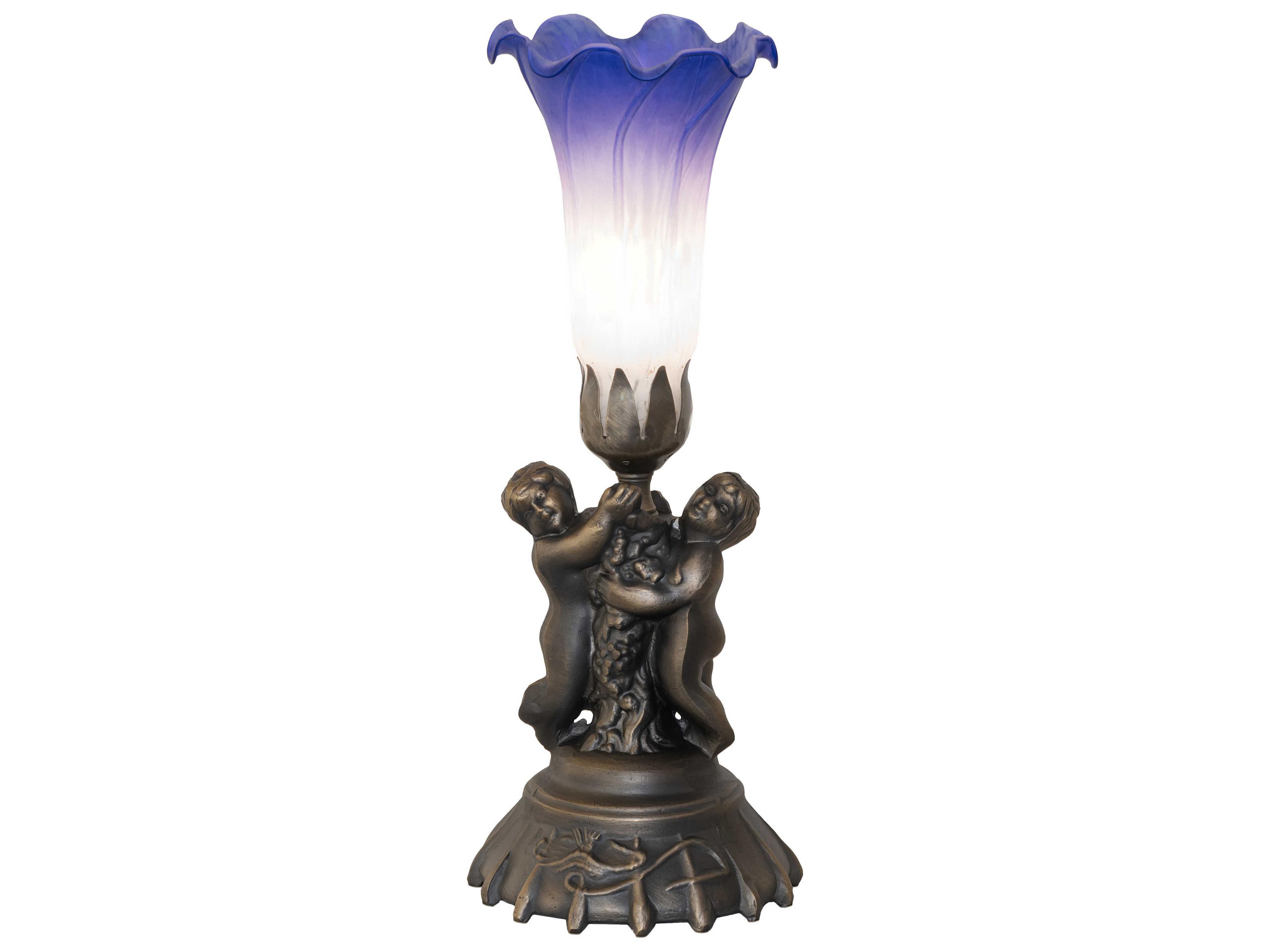 Pond Lily Antique Brass Blue Glass Table Lamp with White Shade