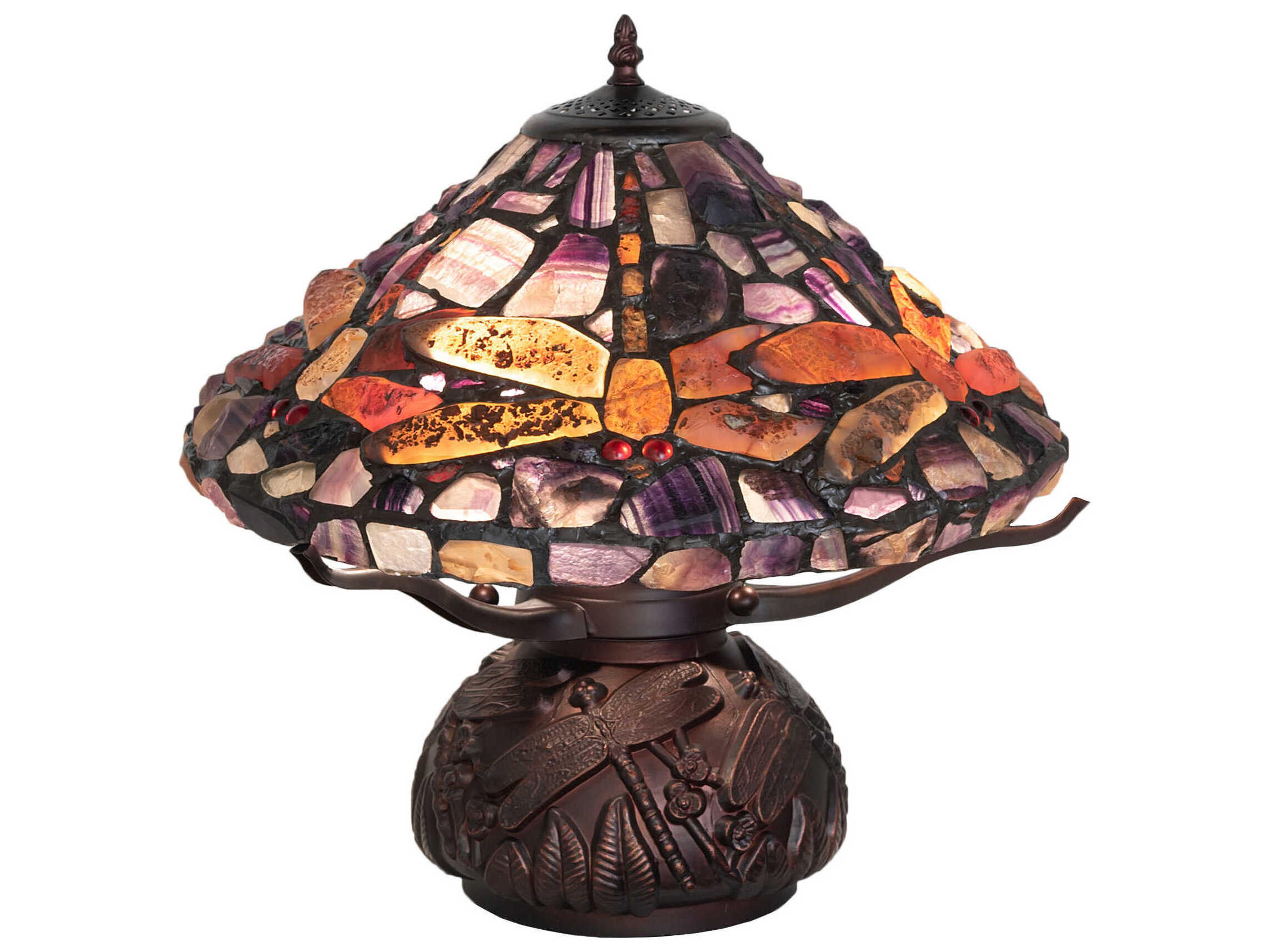Dragonfly Agata Mahogany Bronze Ruby Violet Amber Glass Tiffany Table Lamp