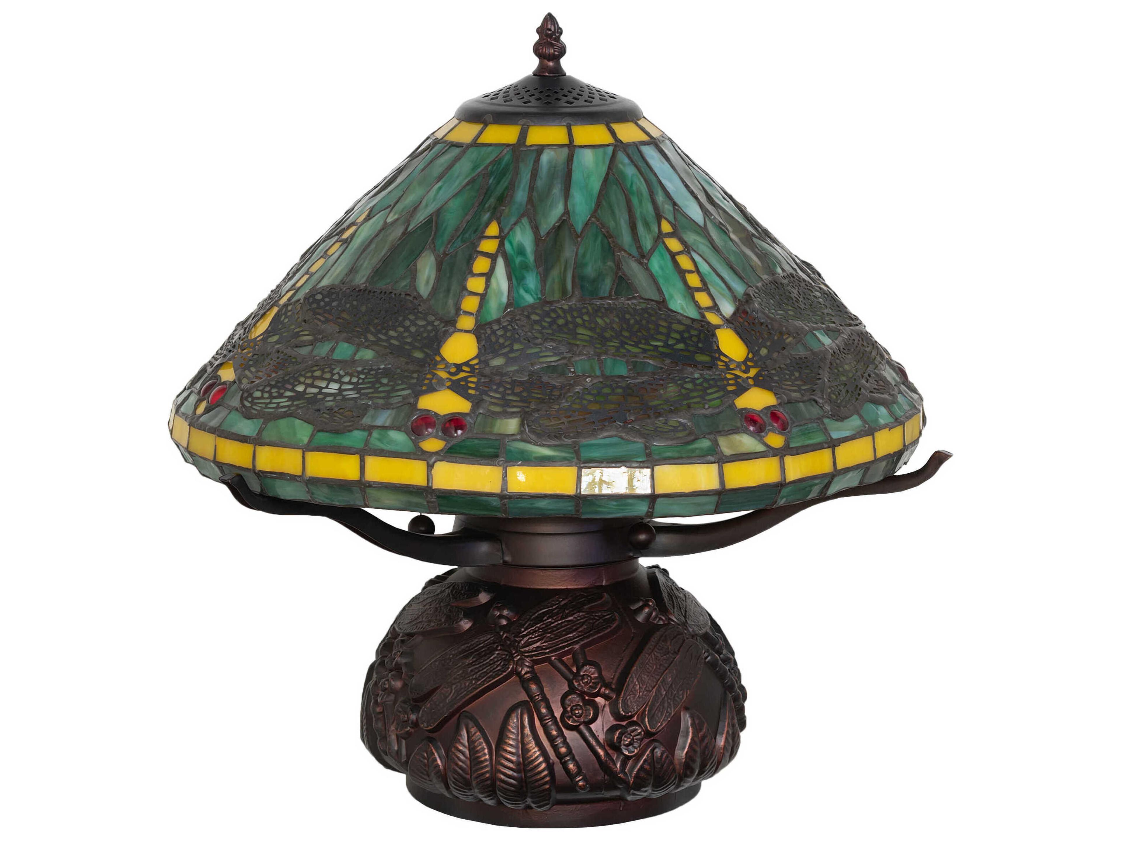 Meyda Tiffany Dragonfly Mahogany Bronze Ruby Coral Sunflower Green Glass Table Lamp with Shade