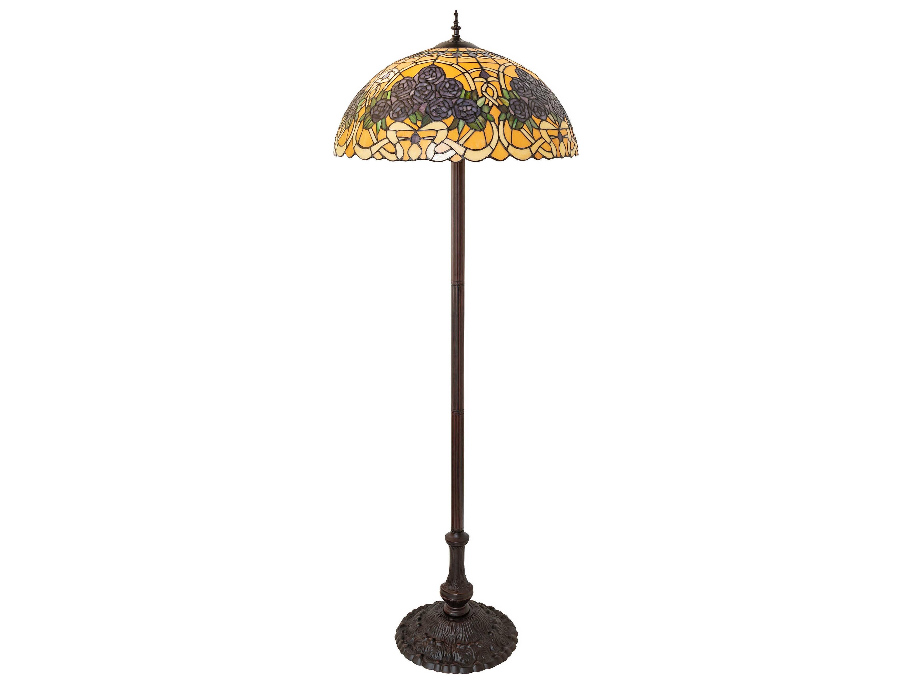 Rose Bouquet Mahogany Bronze Beige Violet Amber Glass Tiffany Floor Lamp