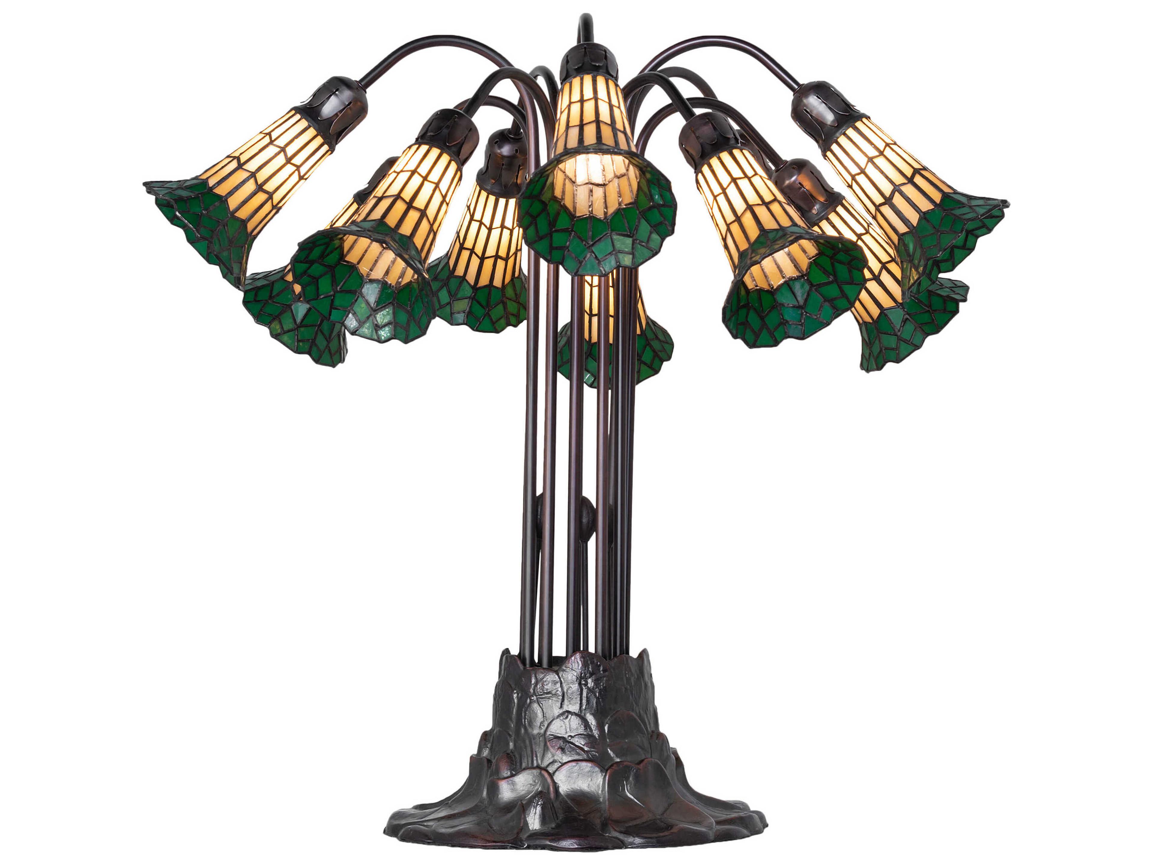 Stained Glass Pond Lily 10 - Light Mahogany Bronze Tiffany Table Lamp with Green Shade