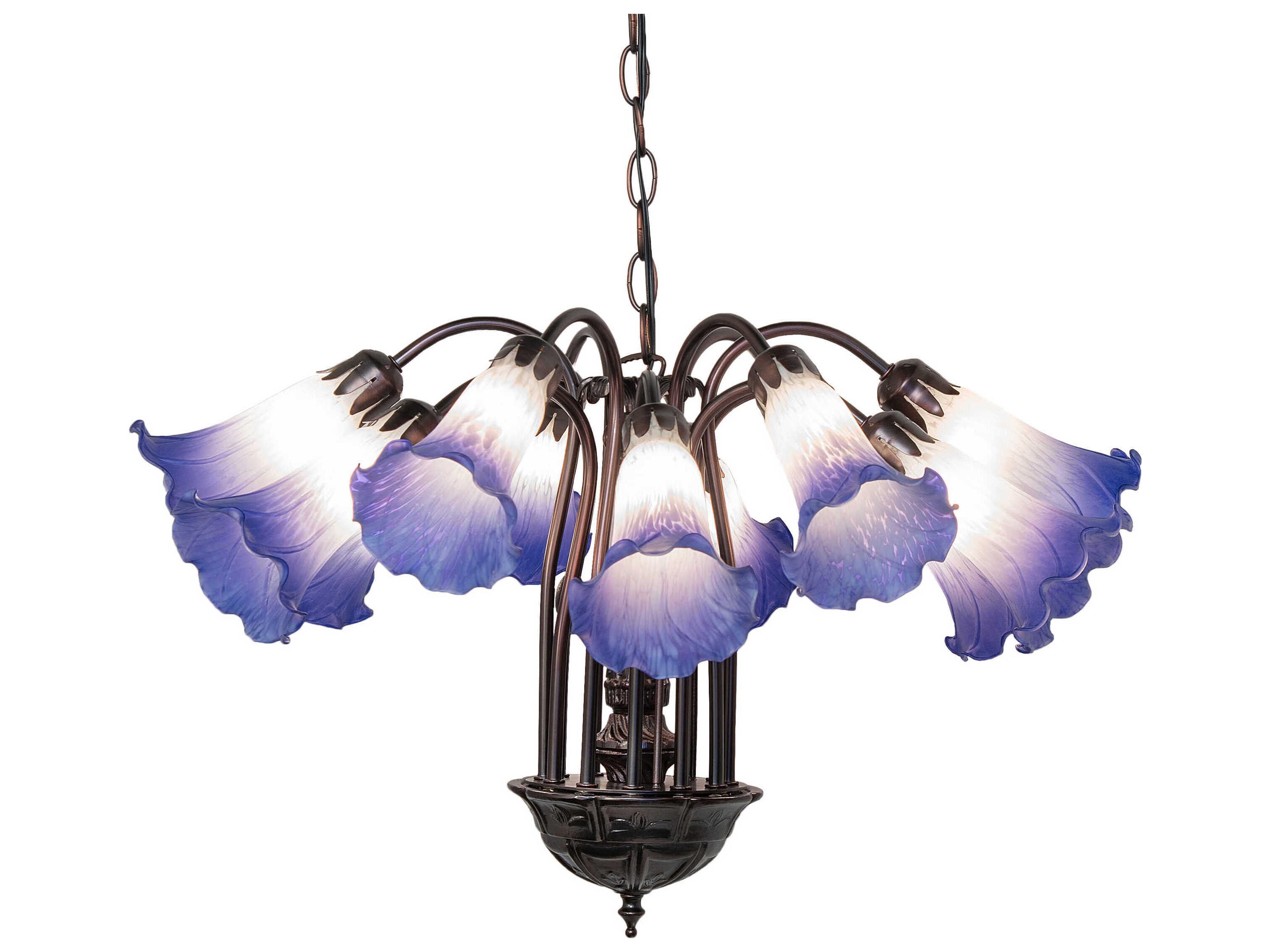 Tiffany 12-Light Pond Lily Chandelier in Mahogany Bronze with Blue and White Glass