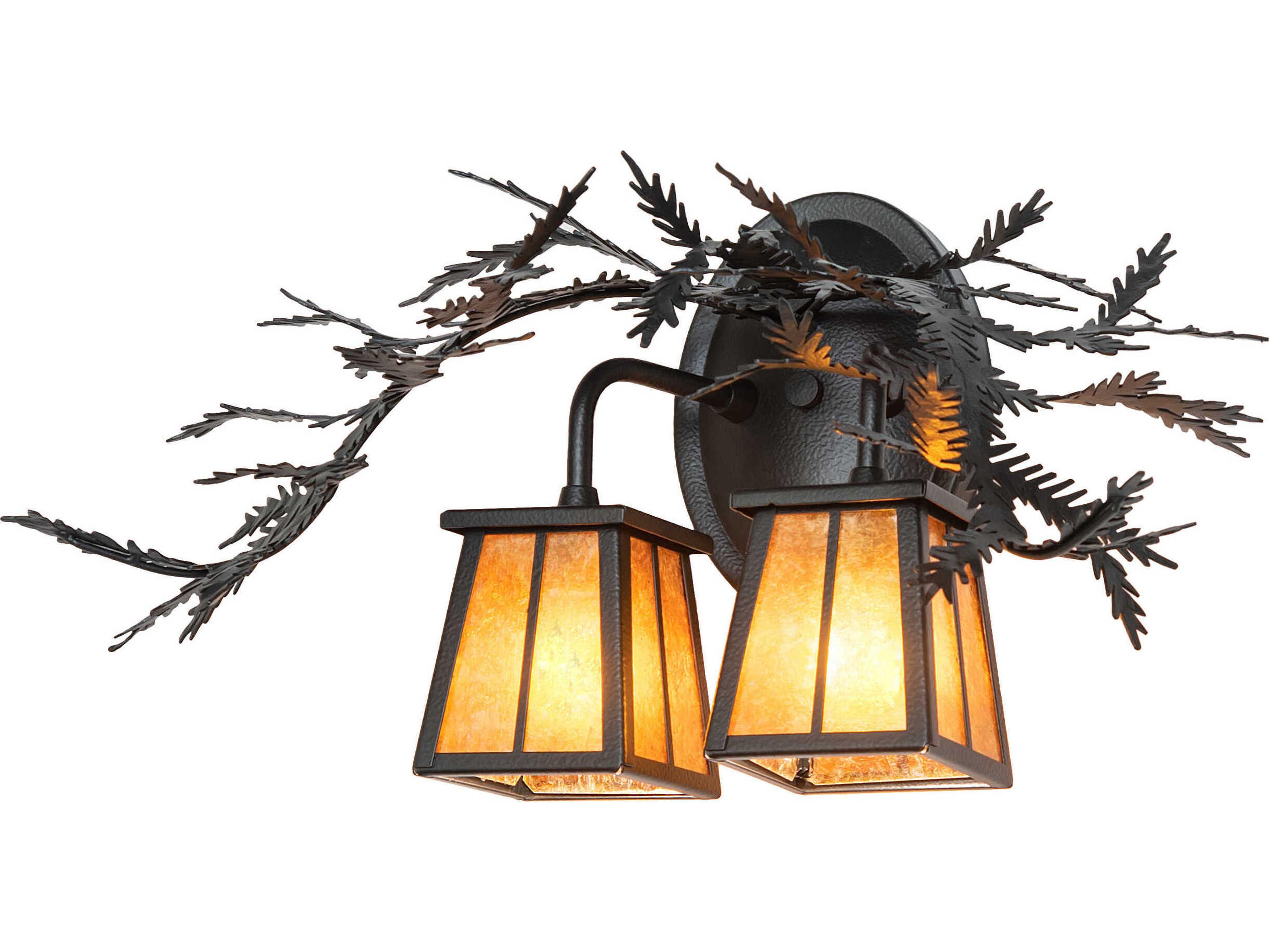 Pine Branch Valley View 2-Light Black Satin Wrought Iron Glass Vanity Light