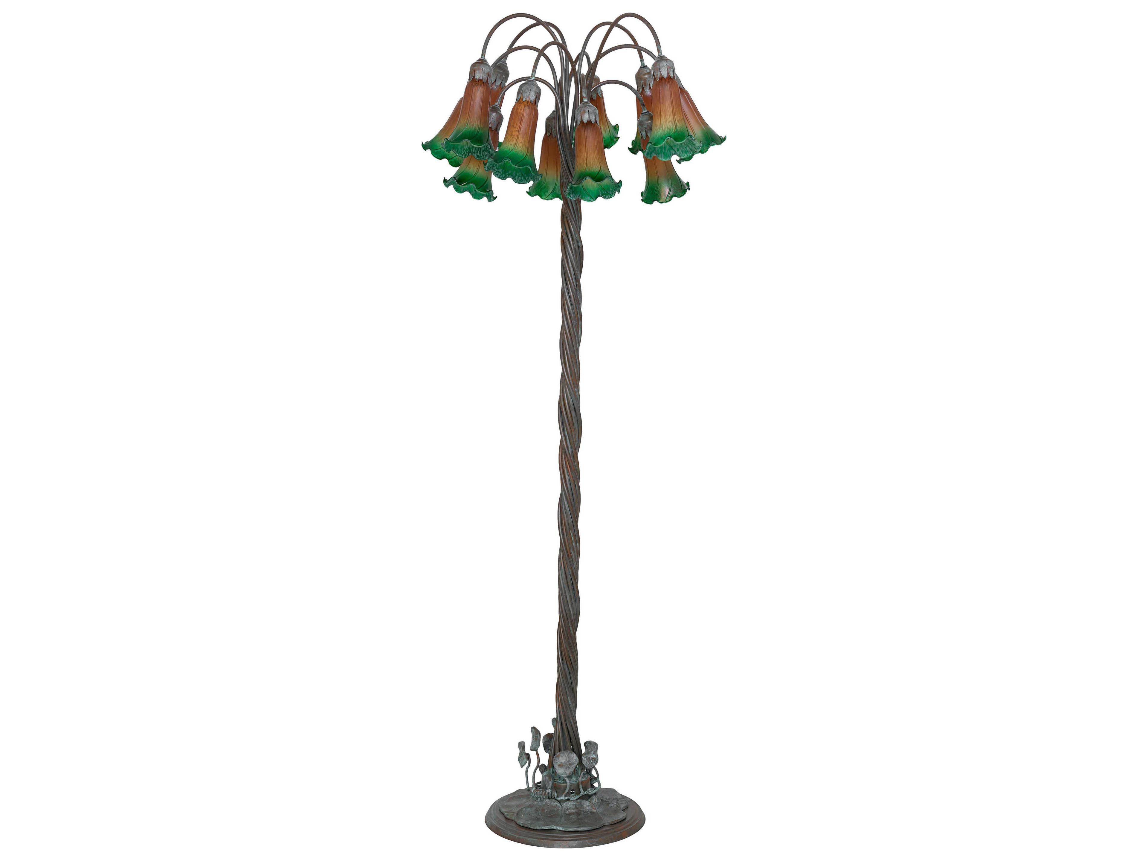 Meyda Pond Lily Bronze Amber Green Glass Floor Lamp with Shade