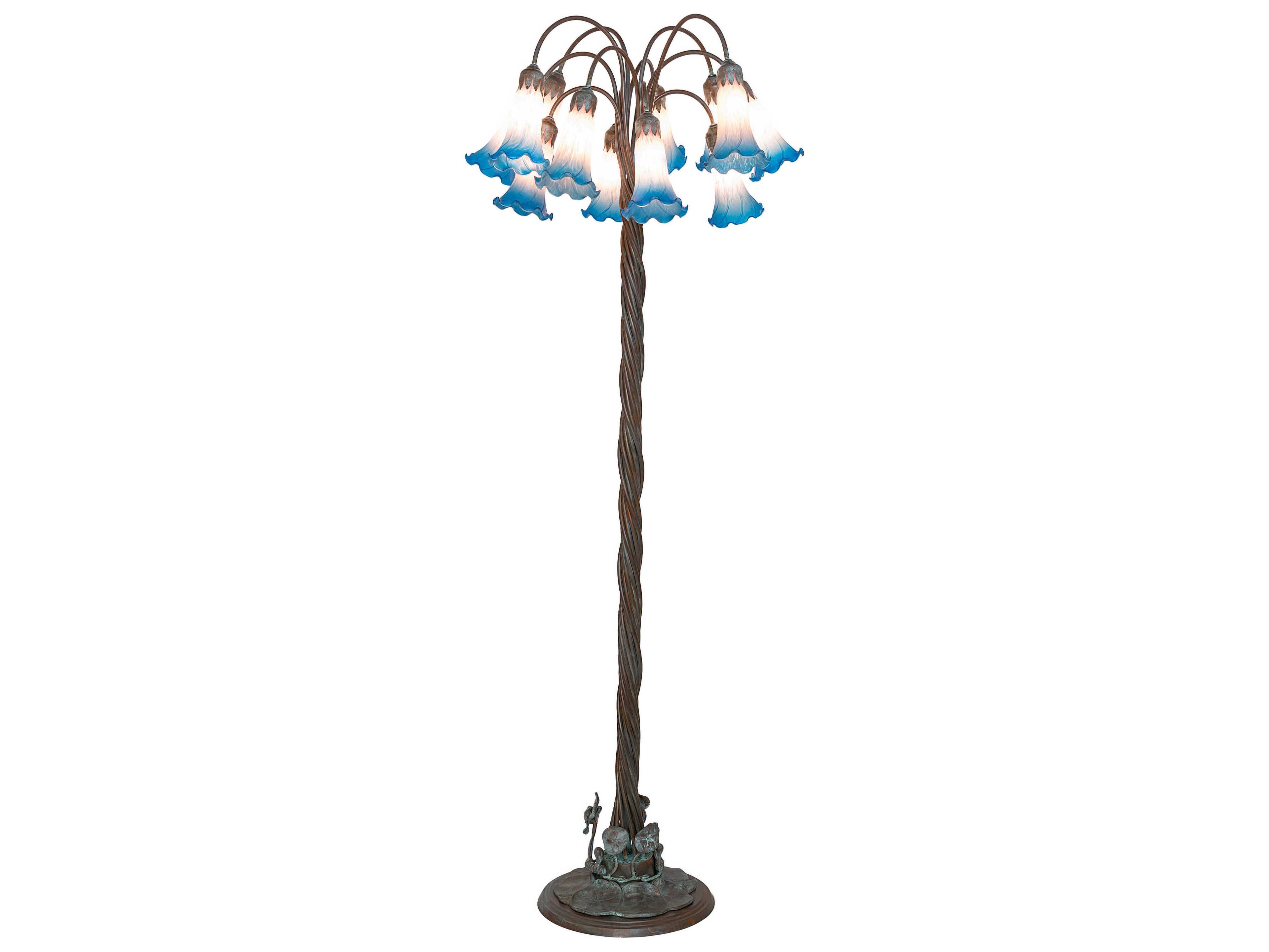 Pond Lily Bronze Blue Glass Floor Lamp with Pink Shade