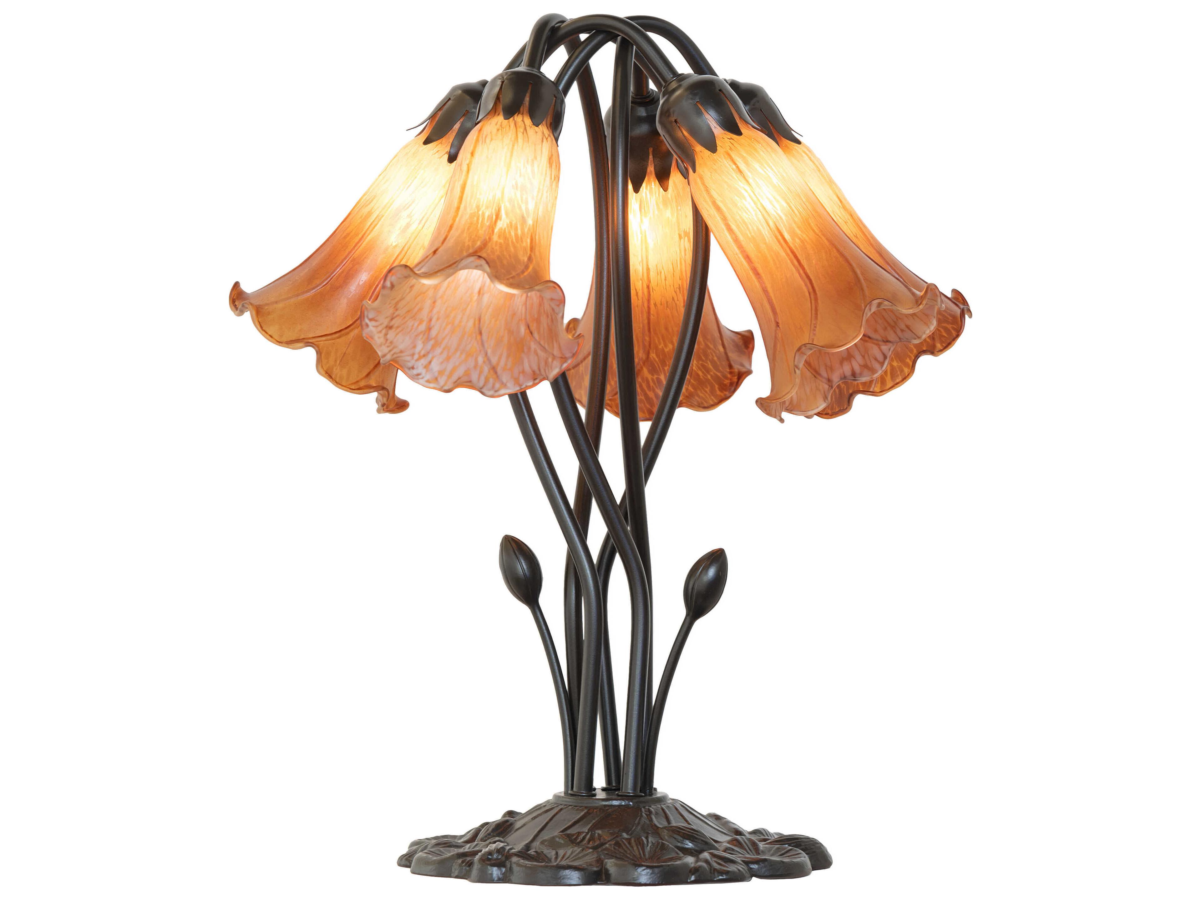 Pond Lily Mahogany Bronze Amver Glass Table Lamp with Amber Shade