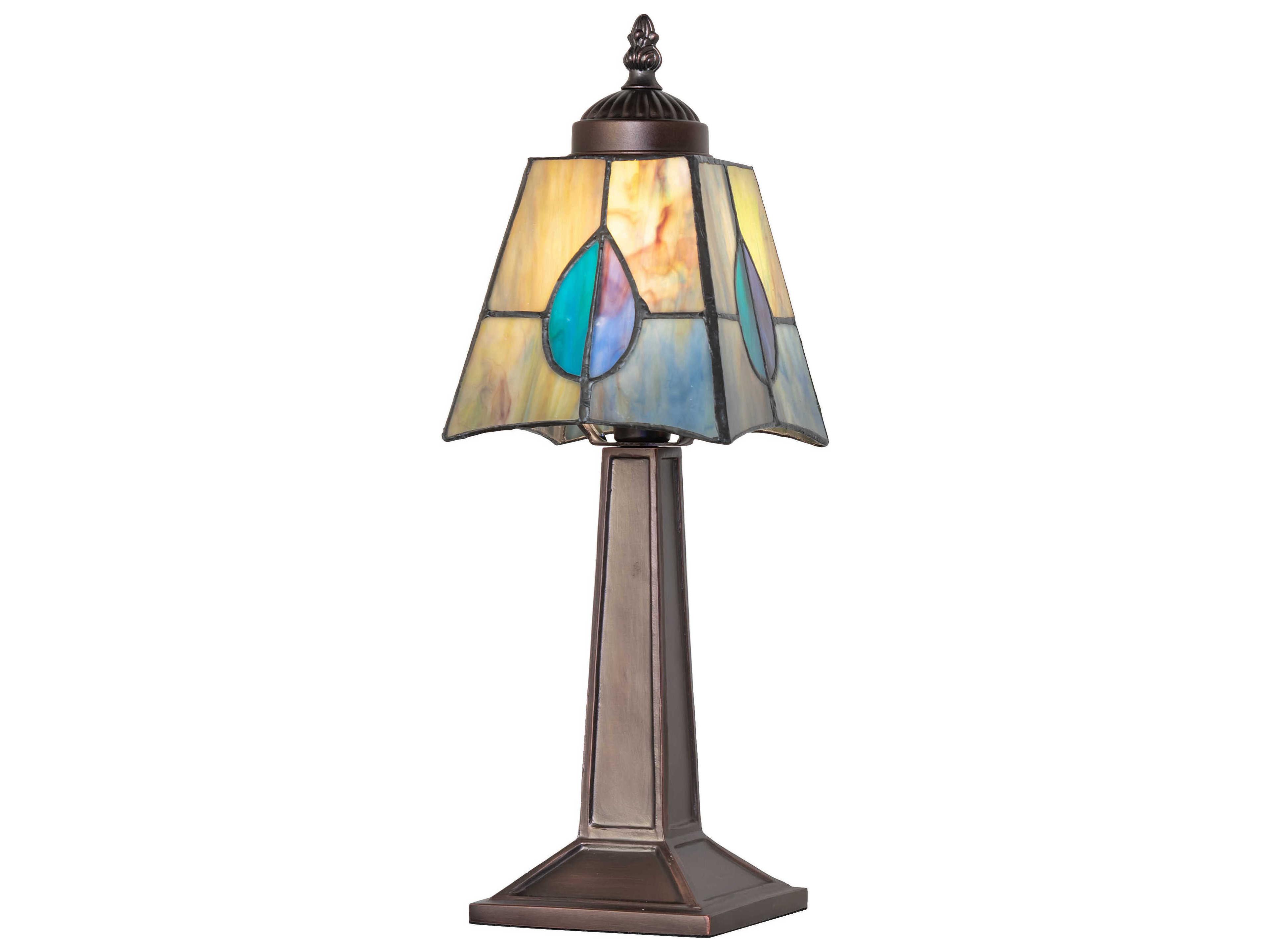 Meyda Mackintosh Leaf Mahogany Bronze Amber Green Blue Glass Tiffany Table Lamp