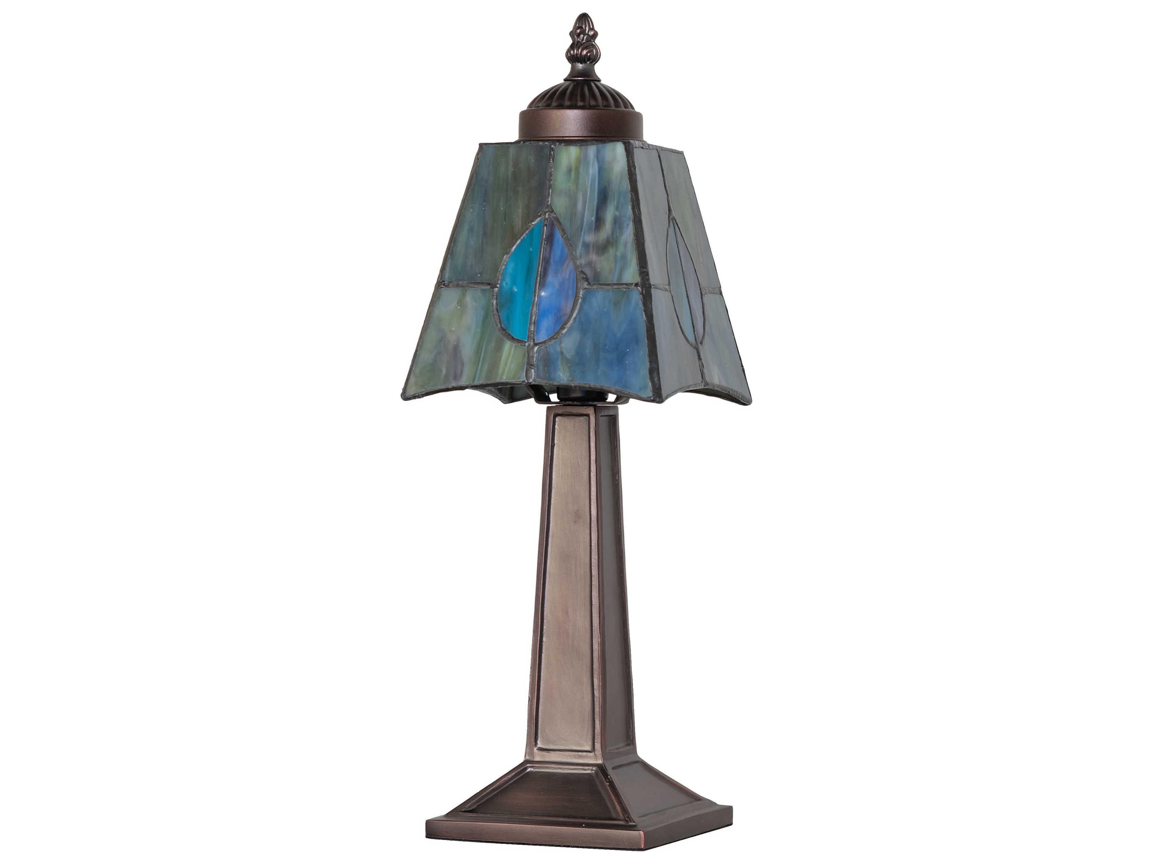 Meyda Mackintosh Leaf Mahogany Bronze Amber Green Blue Glass Tiffany Table Lamp