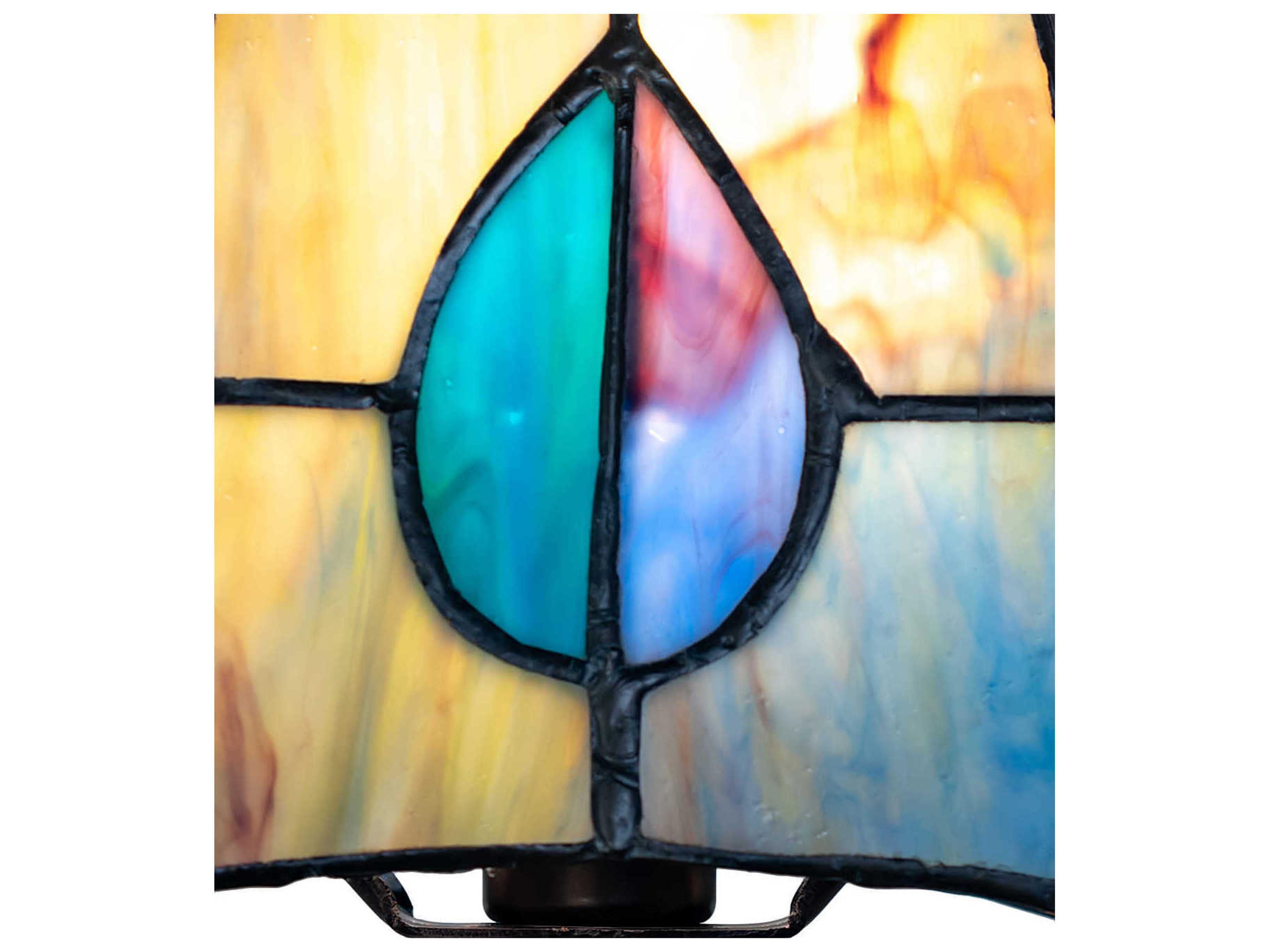 Meyda Mackintosh Leaf Mahogany Bronze Amber Green Blue Glass Tiffany Table Lamp