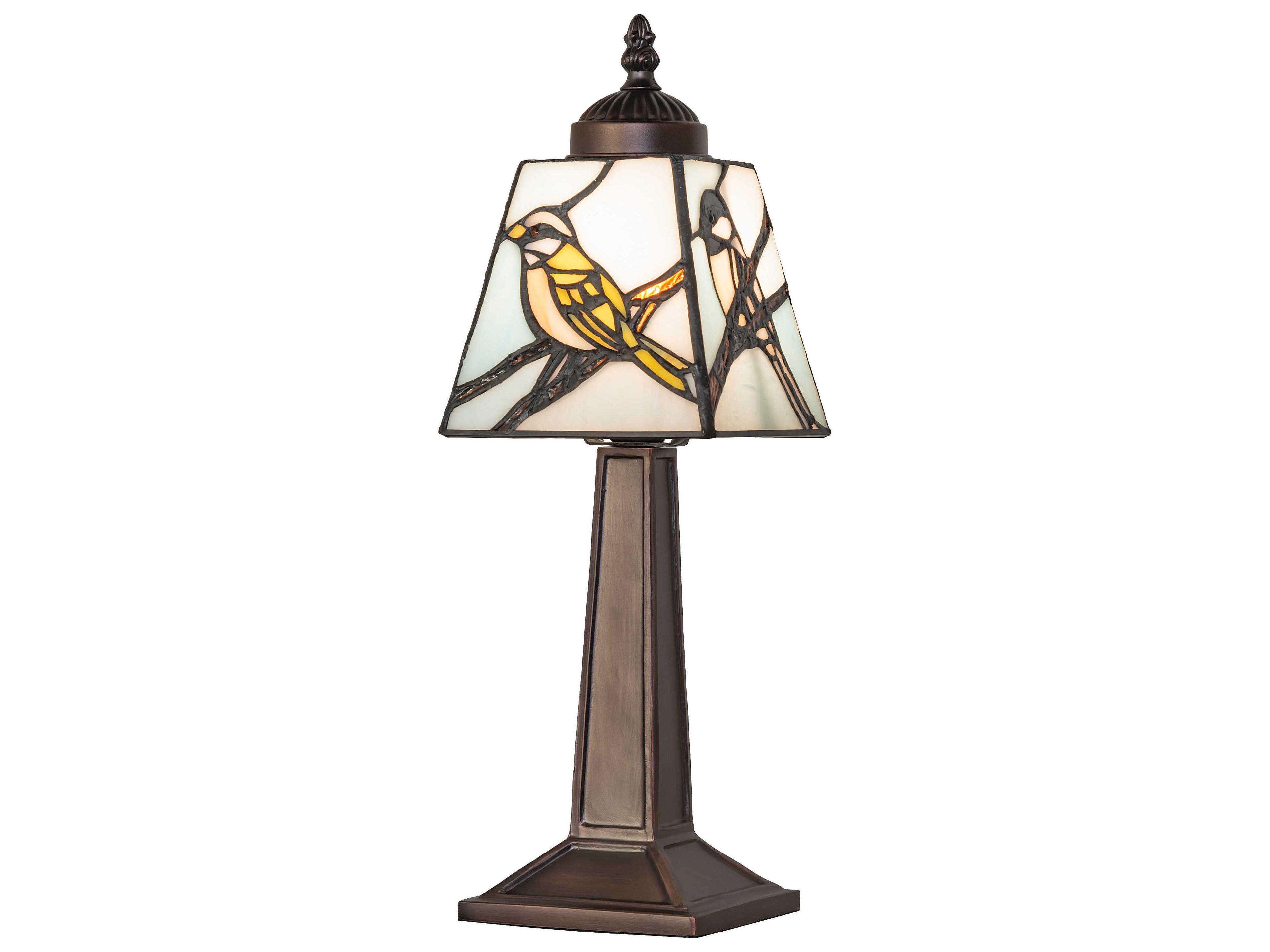 Meyda Backyard Friends Mahogany Bronze Blue White Glass Tiffany Table Lamp