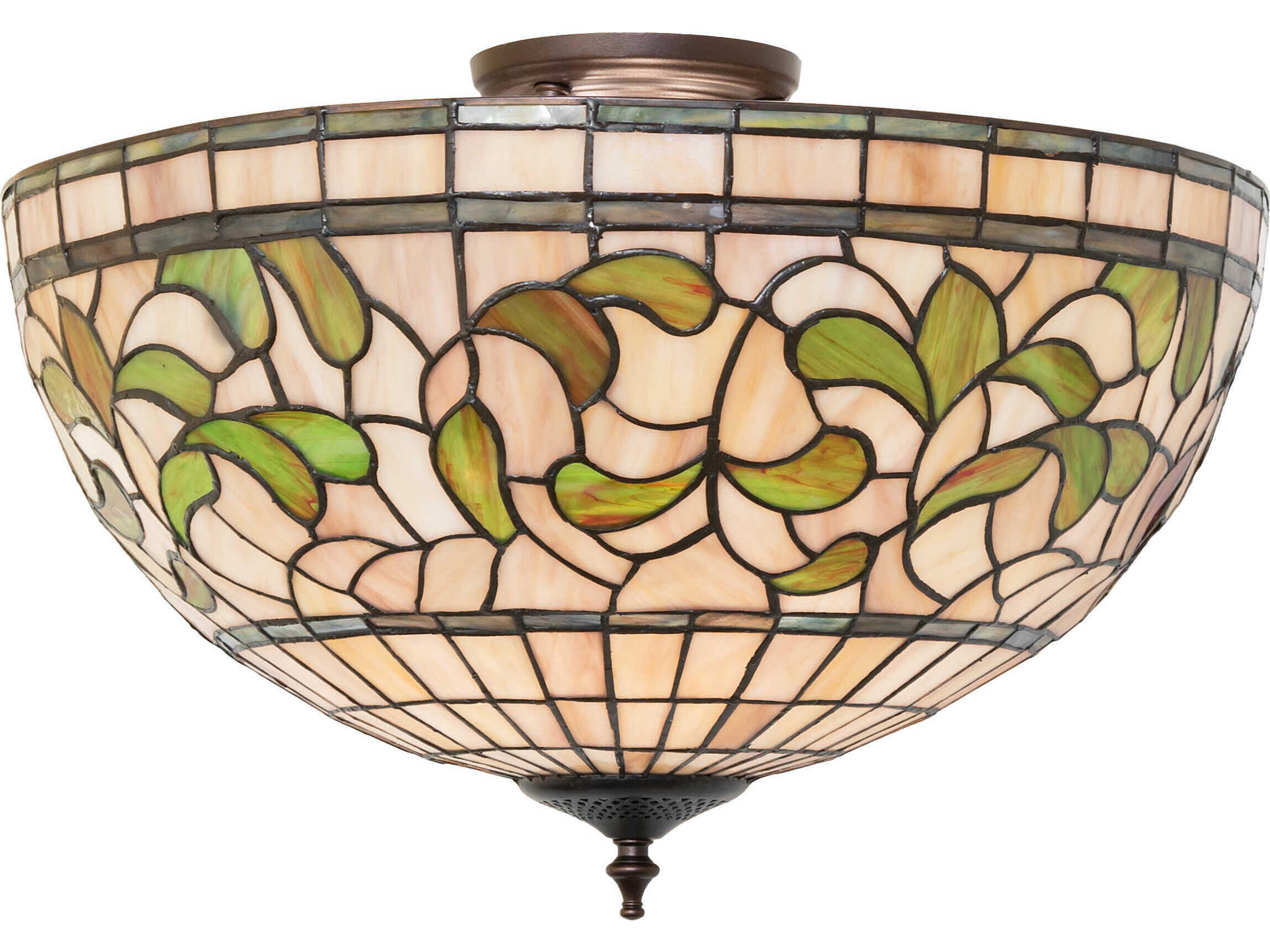 Tiffany Turning Leaf 3-Light Mahogany Bronze Glass Bowl Semi Flush Mount