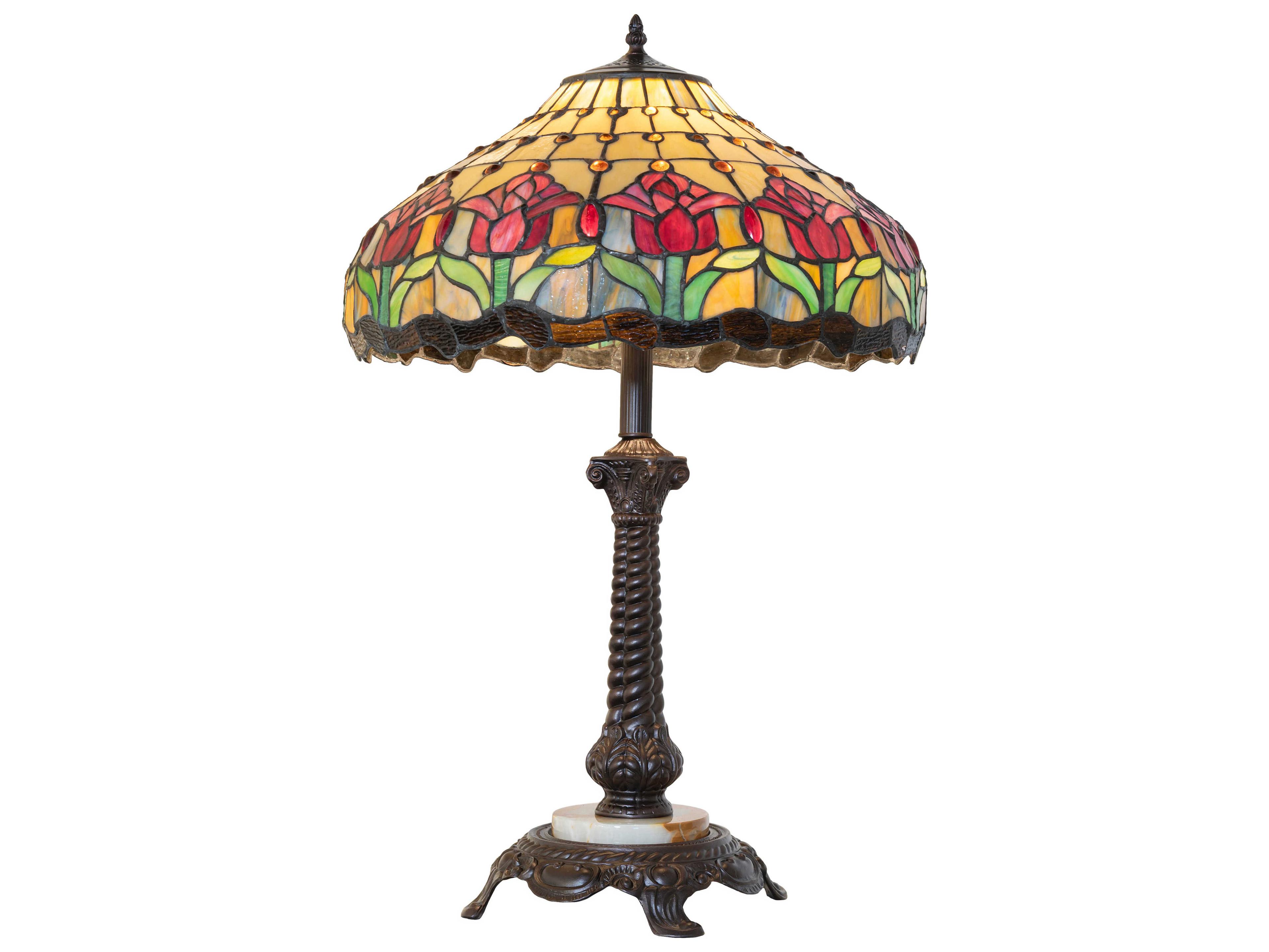 Colonial Tulip Mahogany Bronze Ruby Amber Glass Tiffany Buffet Lamp