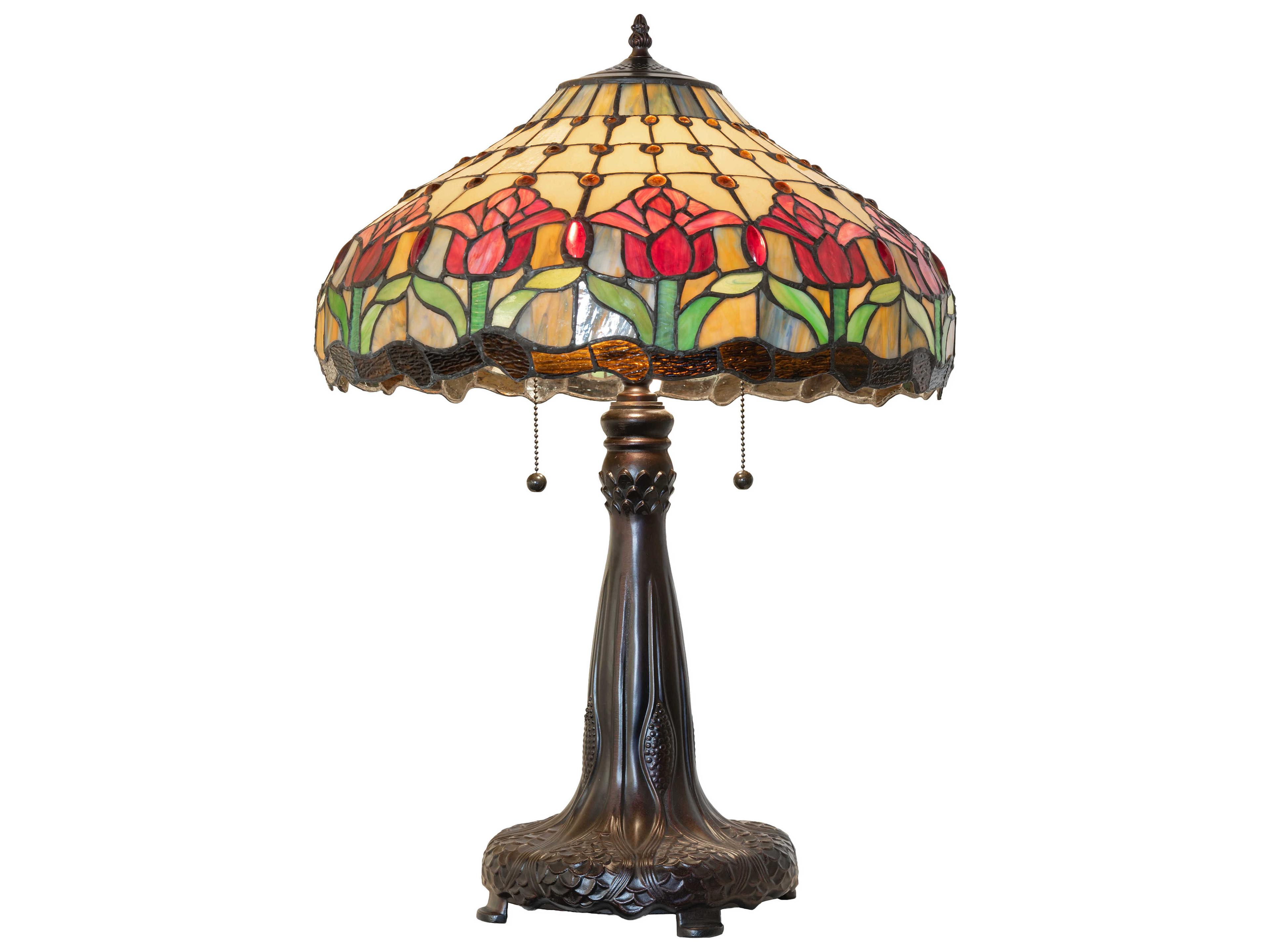 Colonial Tulip Mahogany Bronze Ruby Amber Glass Tiffany Buffet Lamp