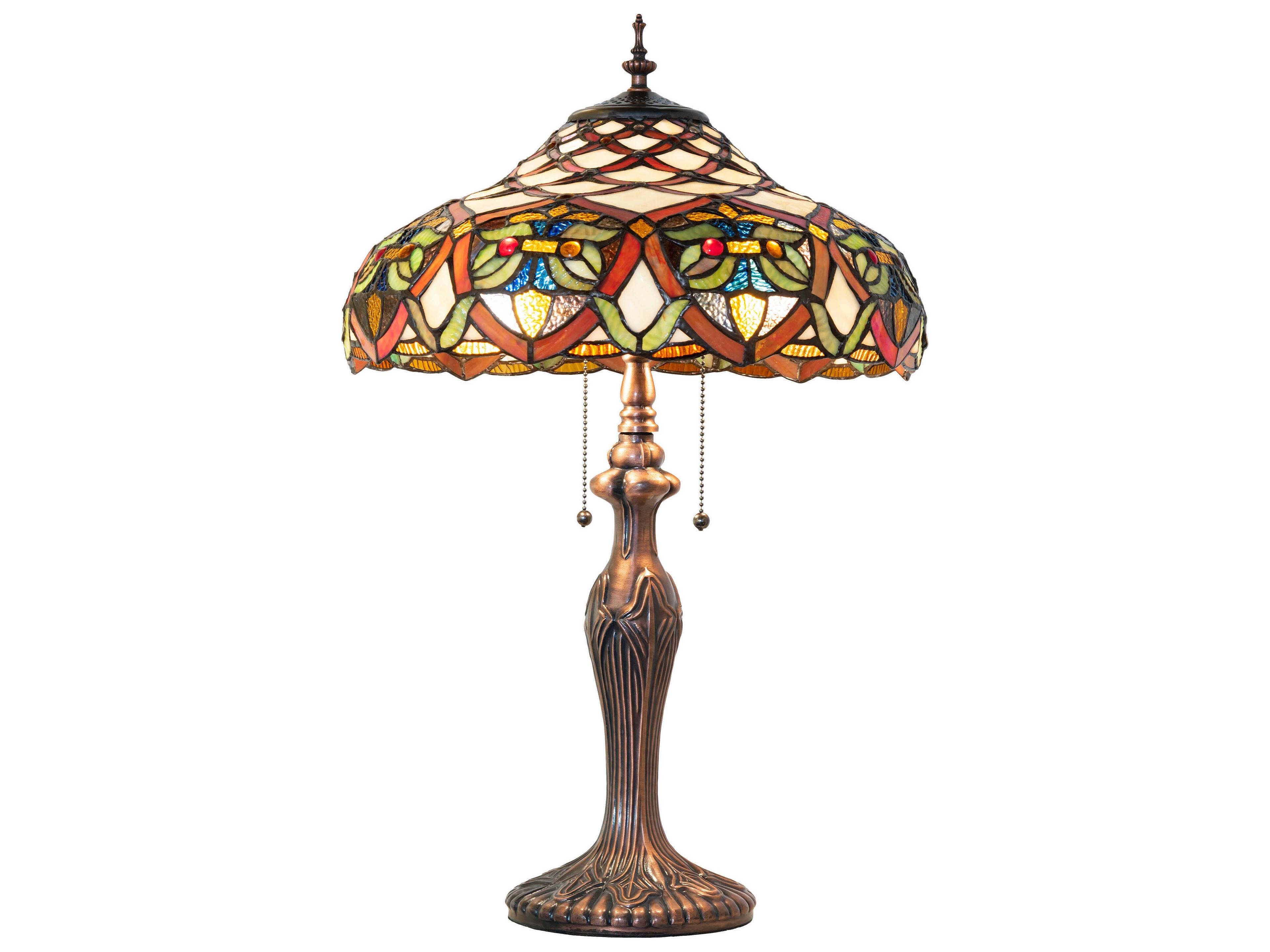 Meyda Franco Antique Ruby Coral Amber Glass Bronze Tiffany Table Lamp