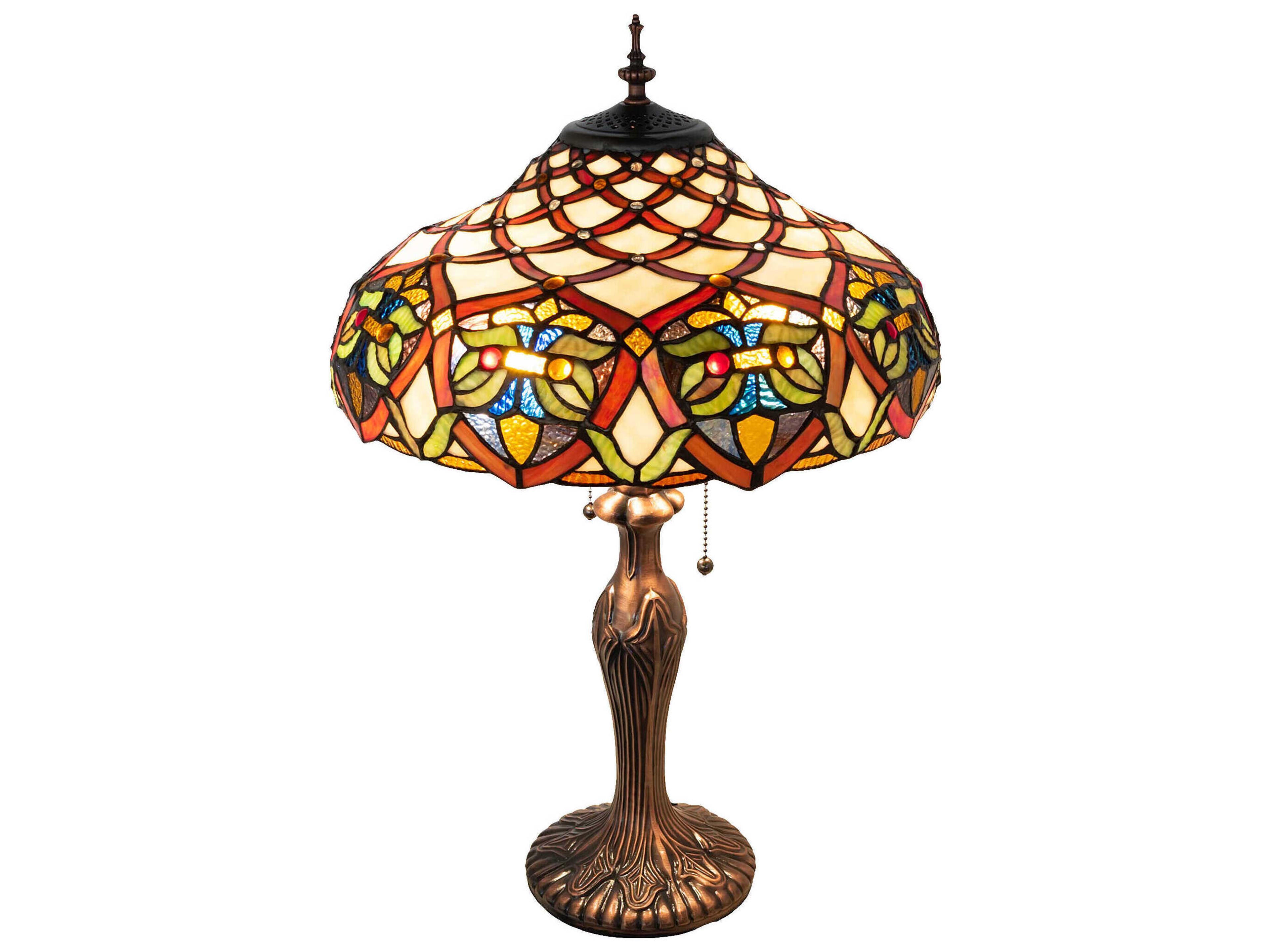 Meyda Franco Antique Ruby Coral Amber Glass Bronze Tiffany Table Lamp