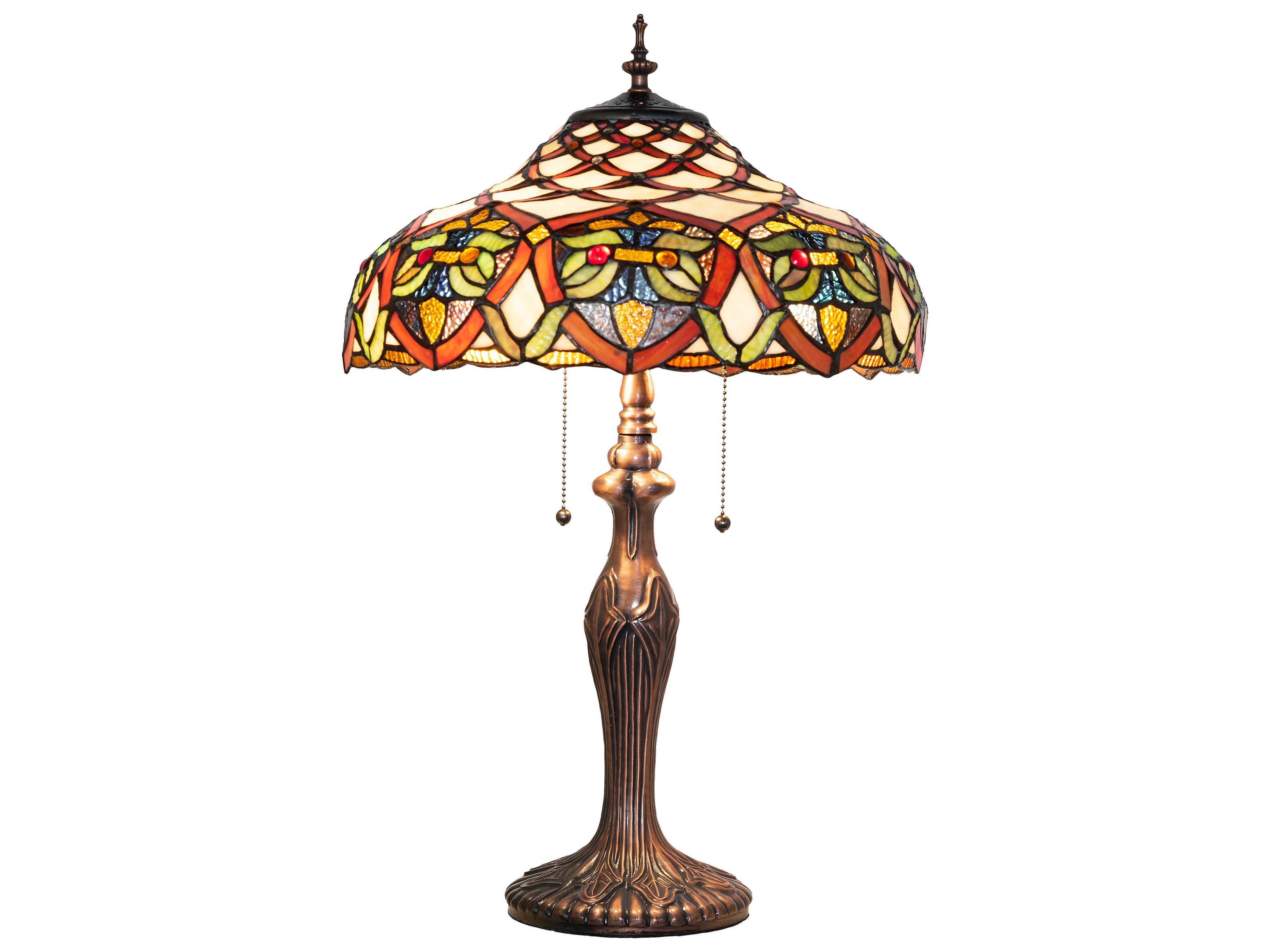 Meyda Franco Antique Ruby Coral Amber Glass Bronze Tiffany Table Lamp