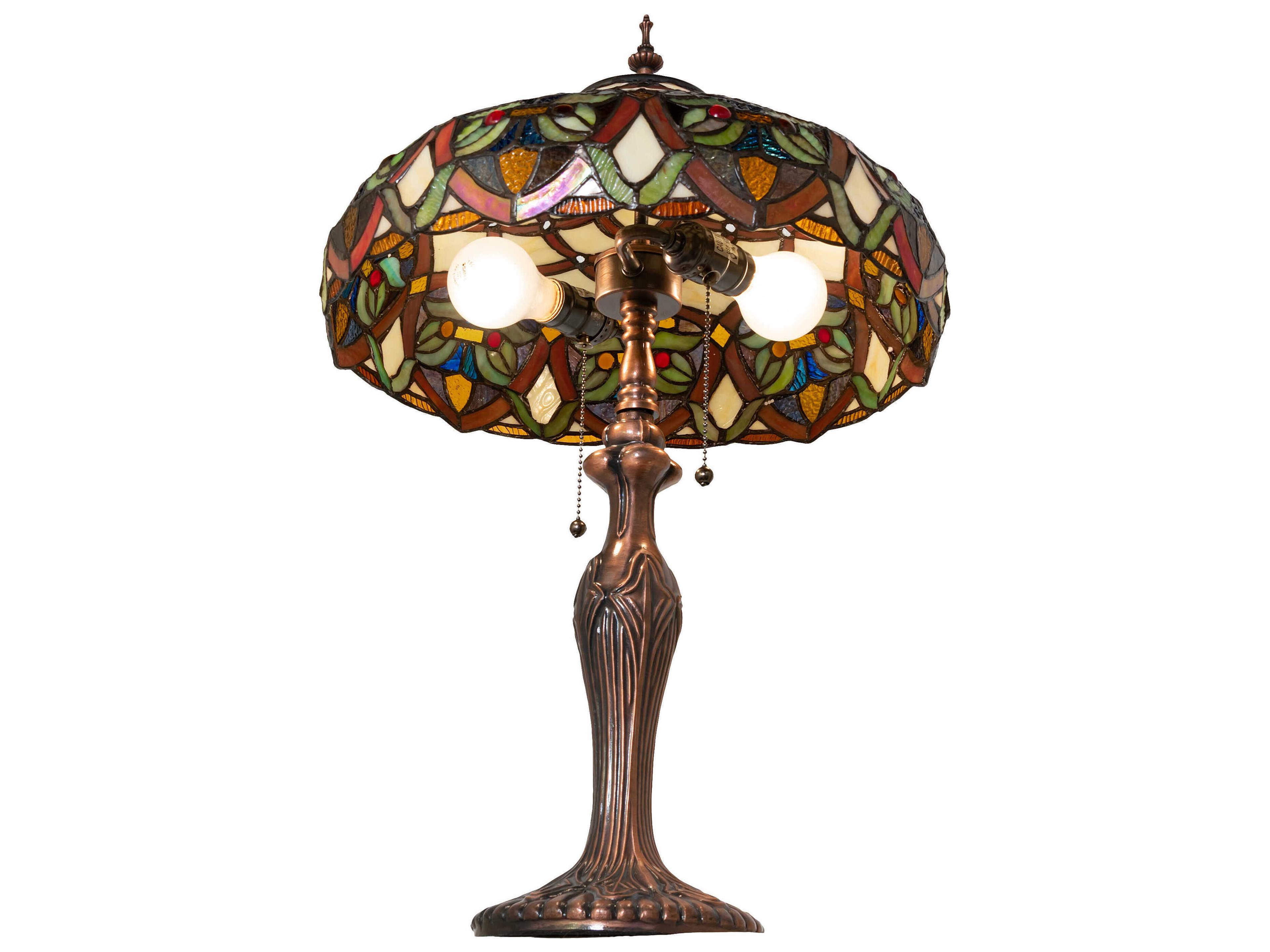 Meyda Franco Antique Ruby Coral Amber Glass Bronze Tiffany Table Lamp
