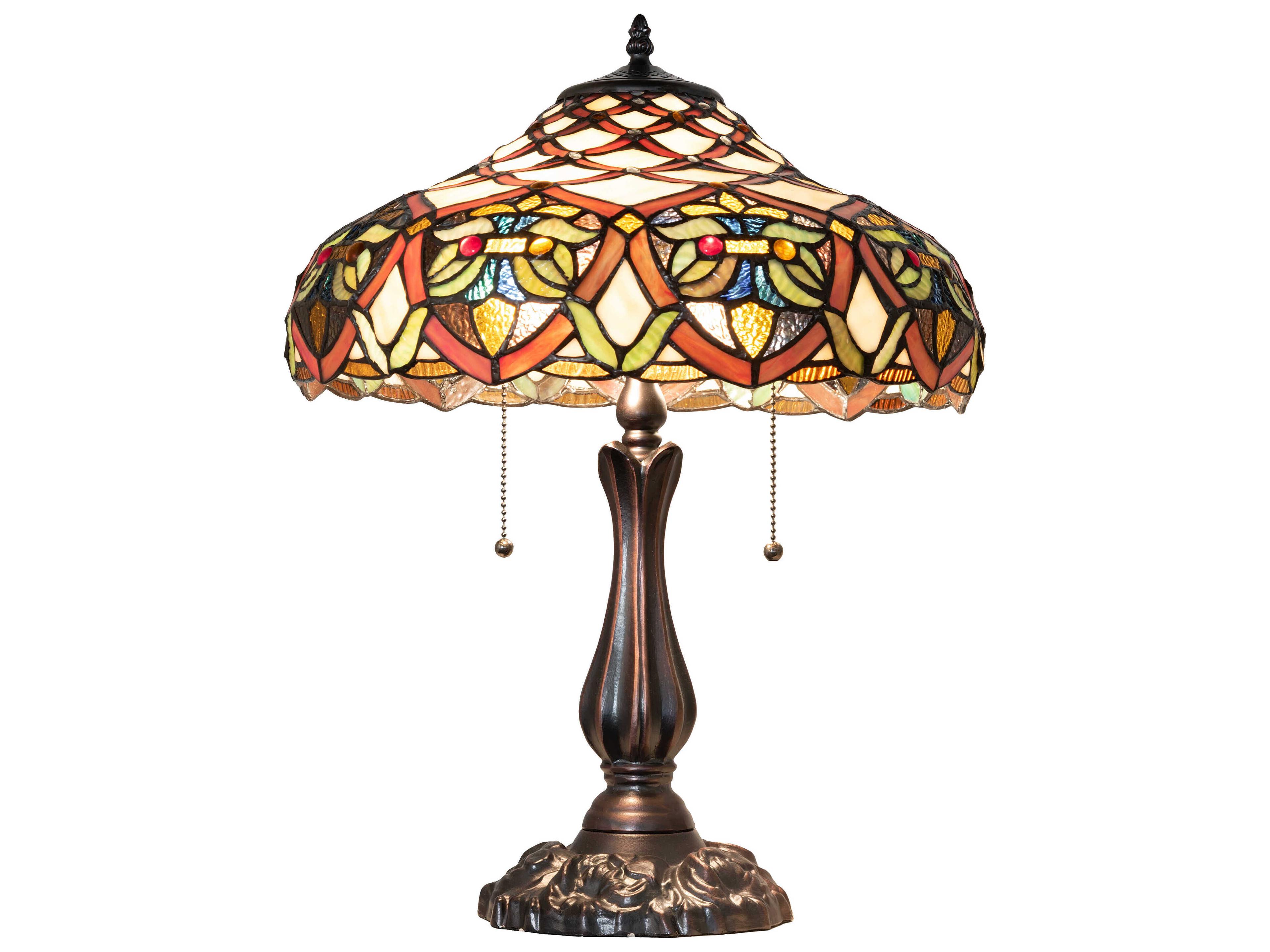 Meyda Franco Antique Ruby Coral Amber Glass Bronze Tiffany Table Lamp