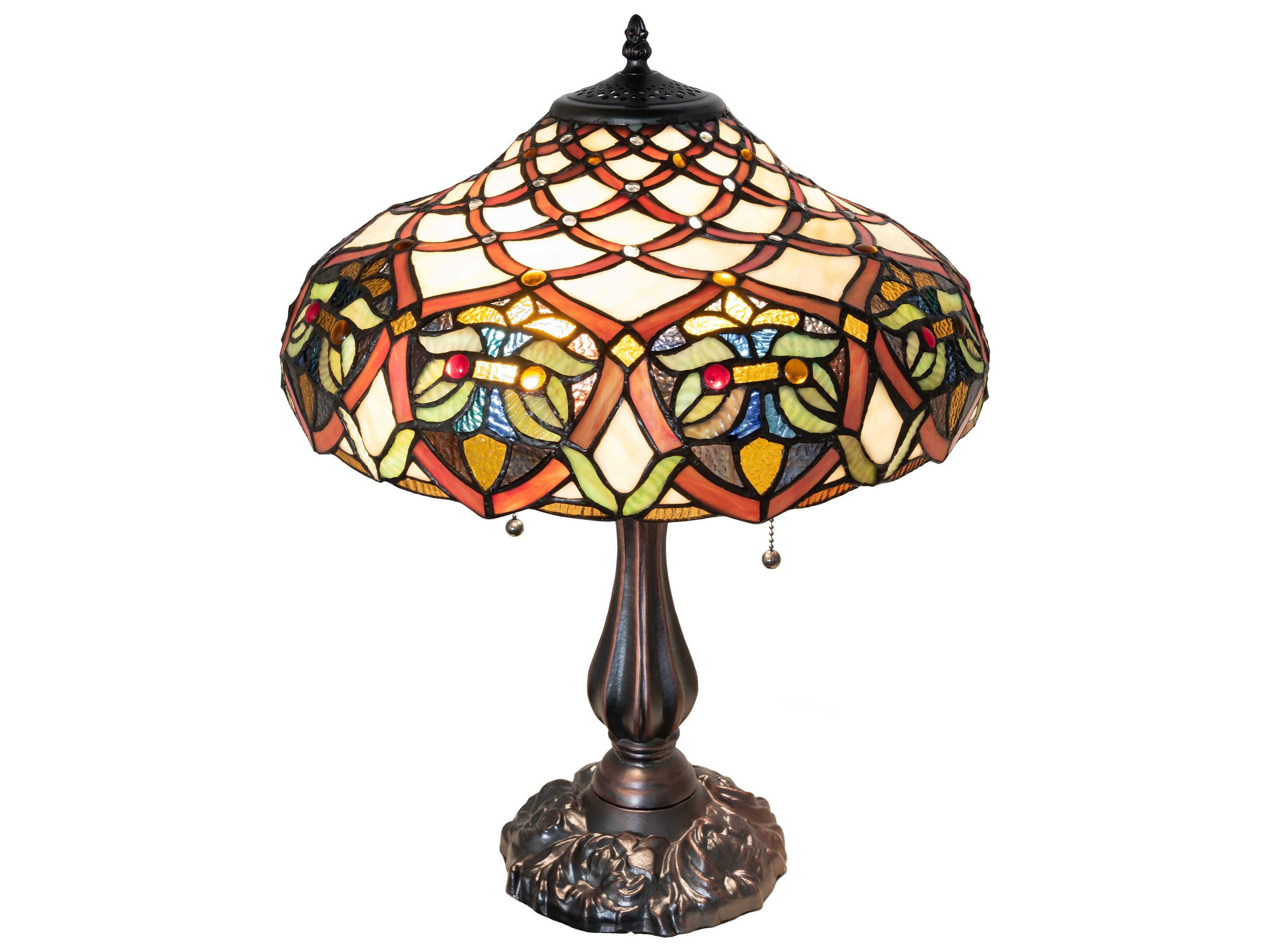 Meyda Franco Antique Ruby Coral Amber Glass Bronze Tiffany Table Lamp