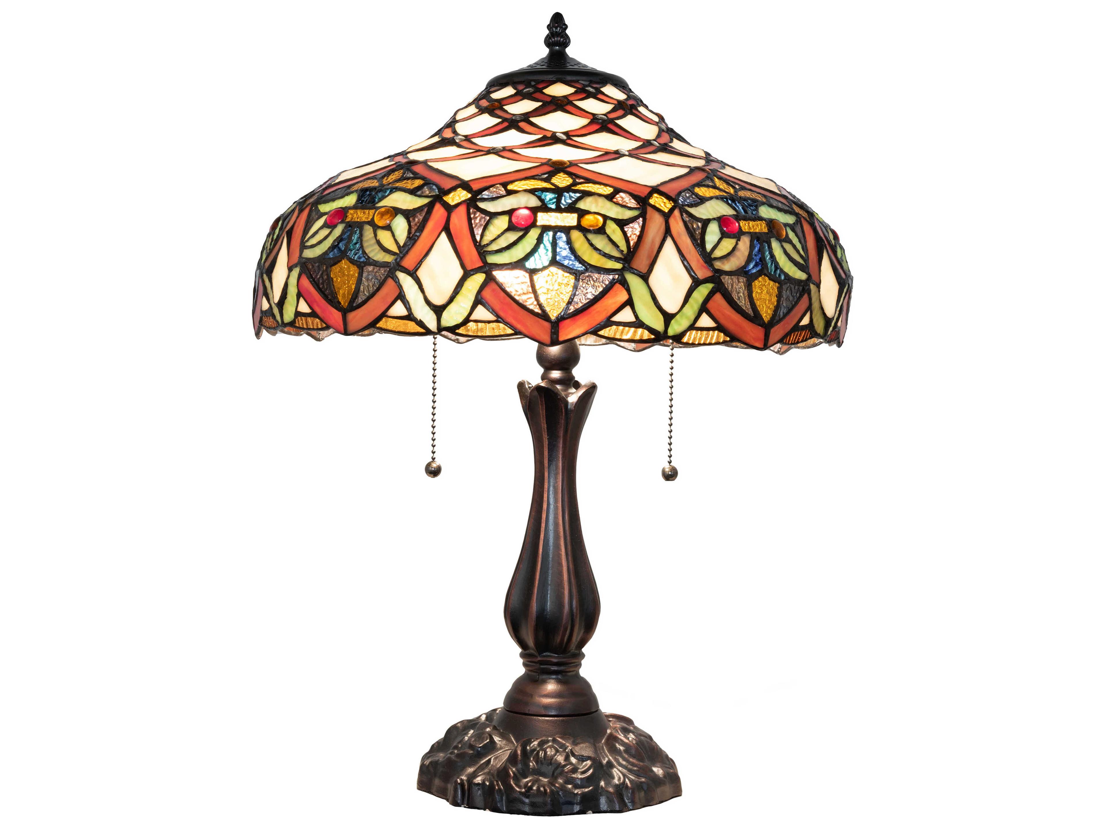 Meyda Franco Antique Ruby Coral Amber Glass Bronze Tiffany Table Lamp
