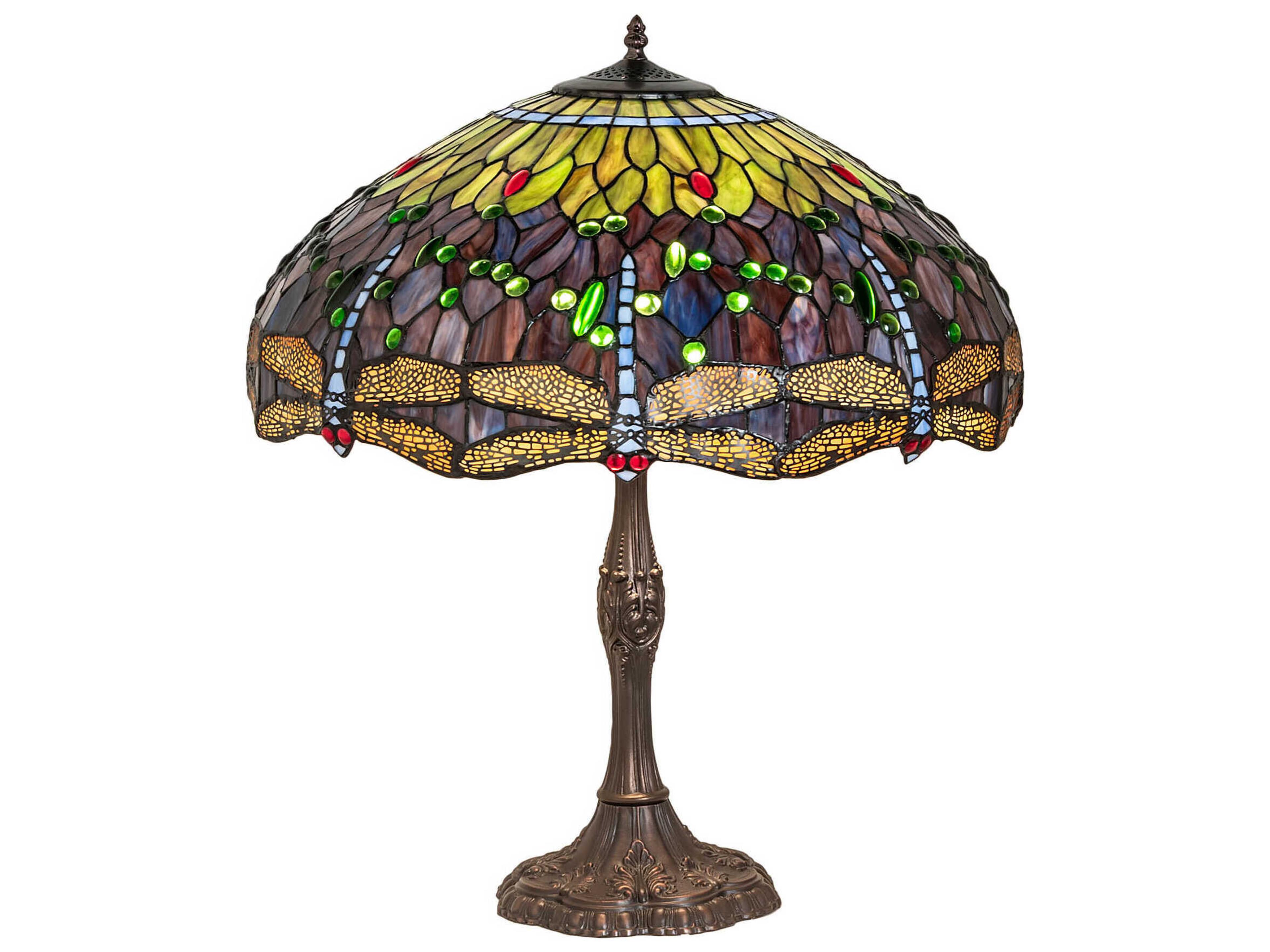 Tiffany Hanginghead Dragonfly Mahogany Bronze Purple Blue Green Glass Buffet Lamp