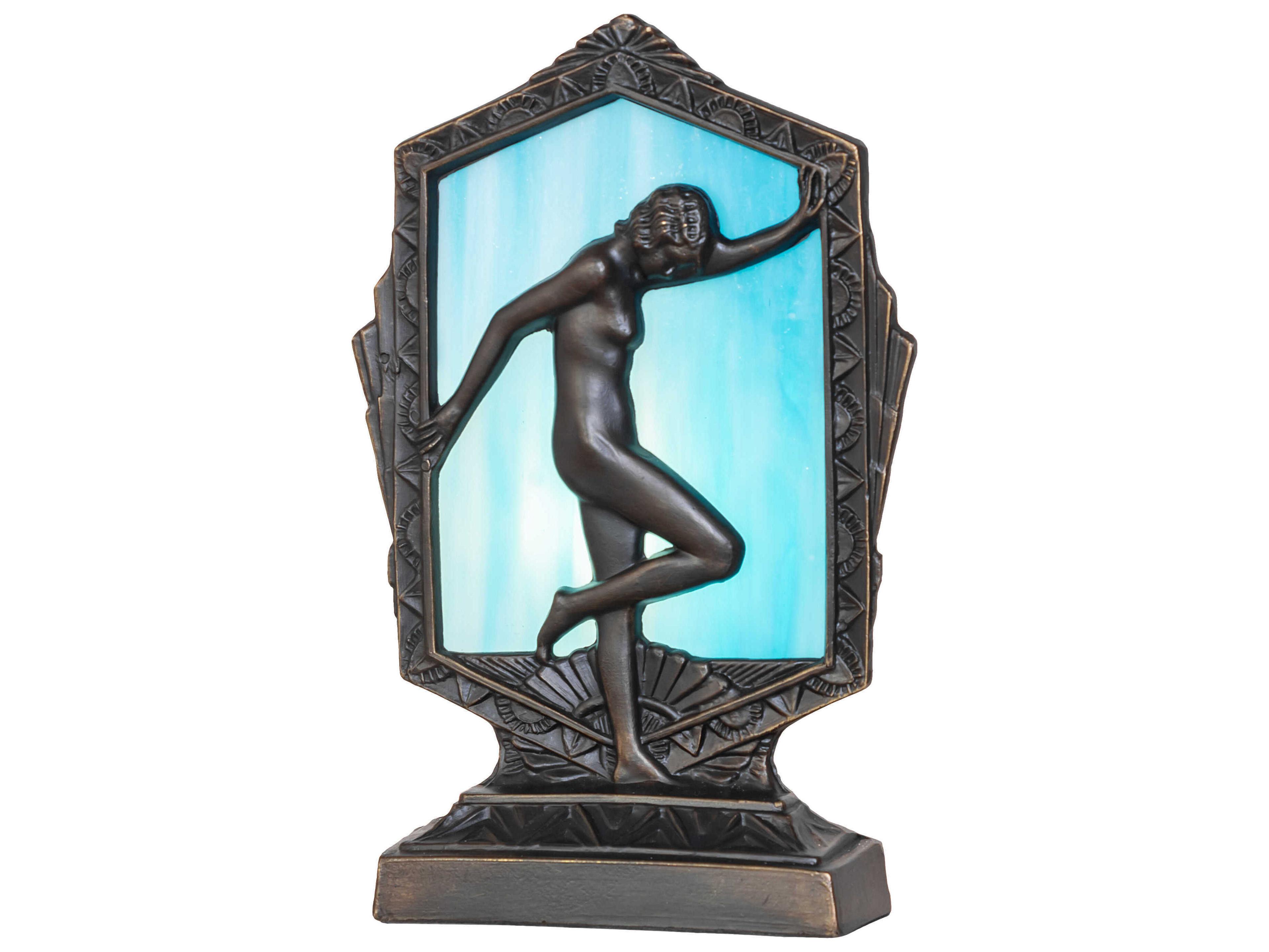 Posing Deco Lady Antique Brass Blue Table Lamp