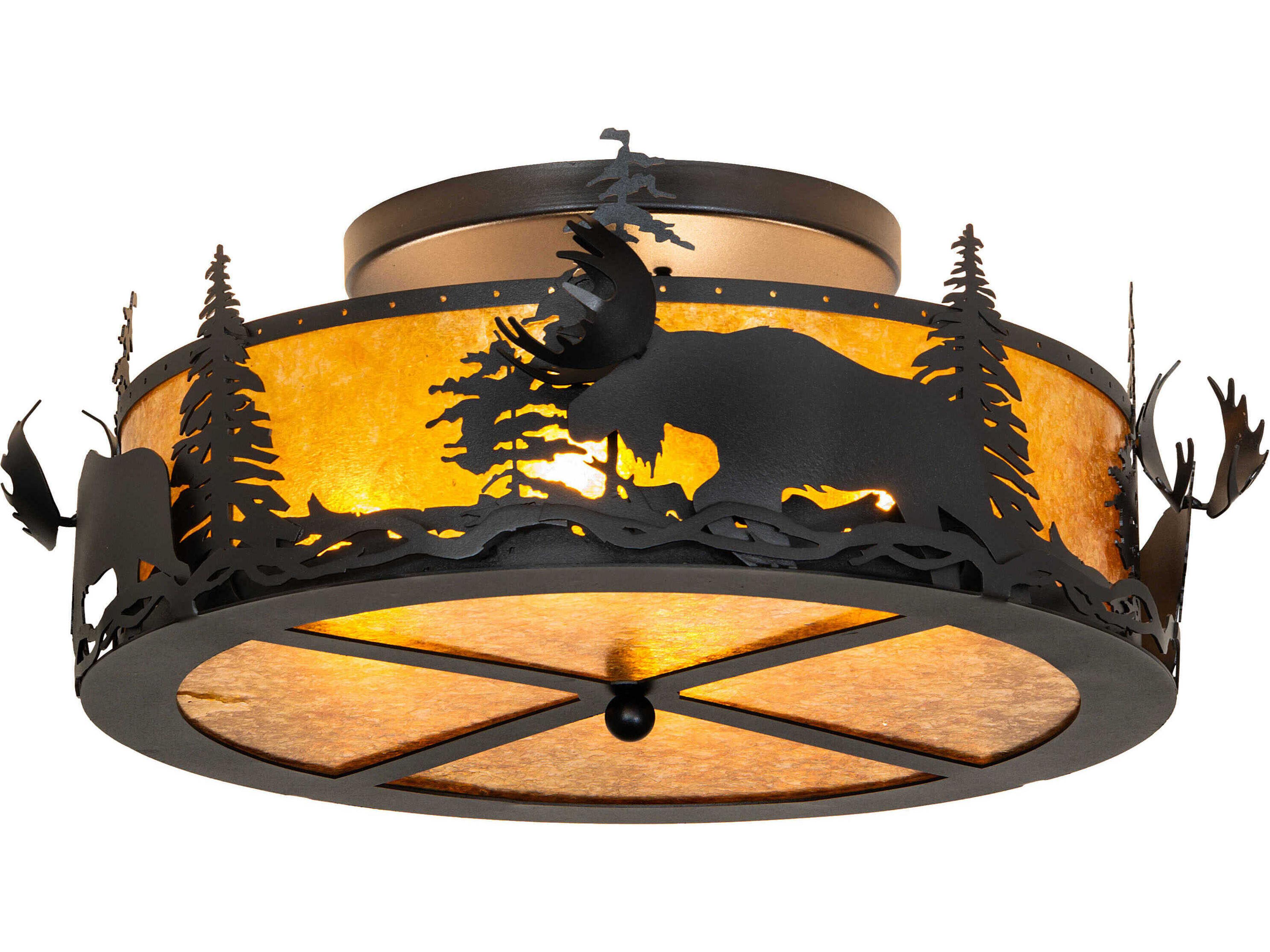 Moose At Dusk 2-Light Textured Black Round Flush Mount