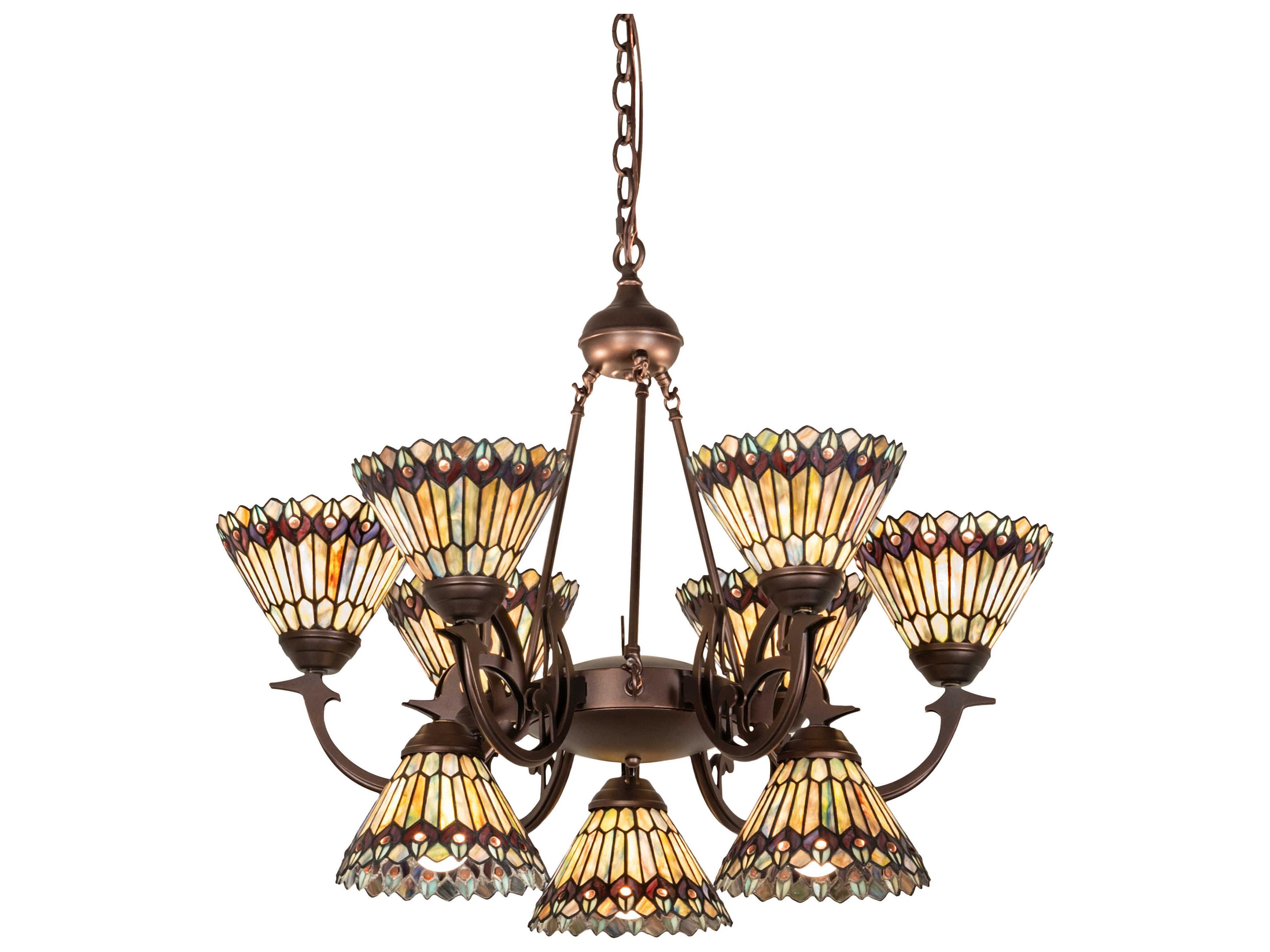 Tiffany Jeweled Peacock 9-Light Mahogany Bronze Chandelier