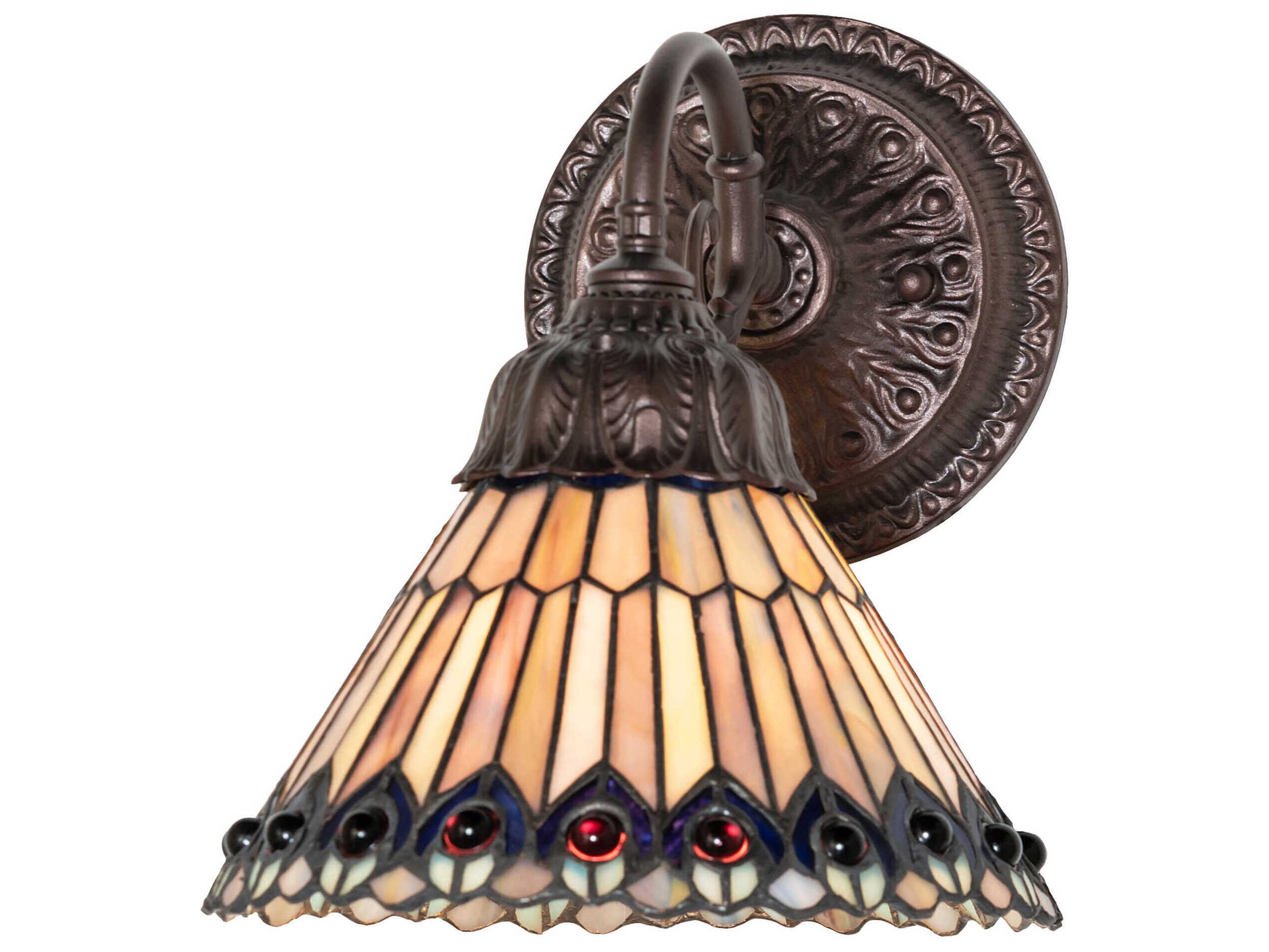 Tiffany Jeweled Peacock 1-Light Mahogany Bronze Wall Sconce