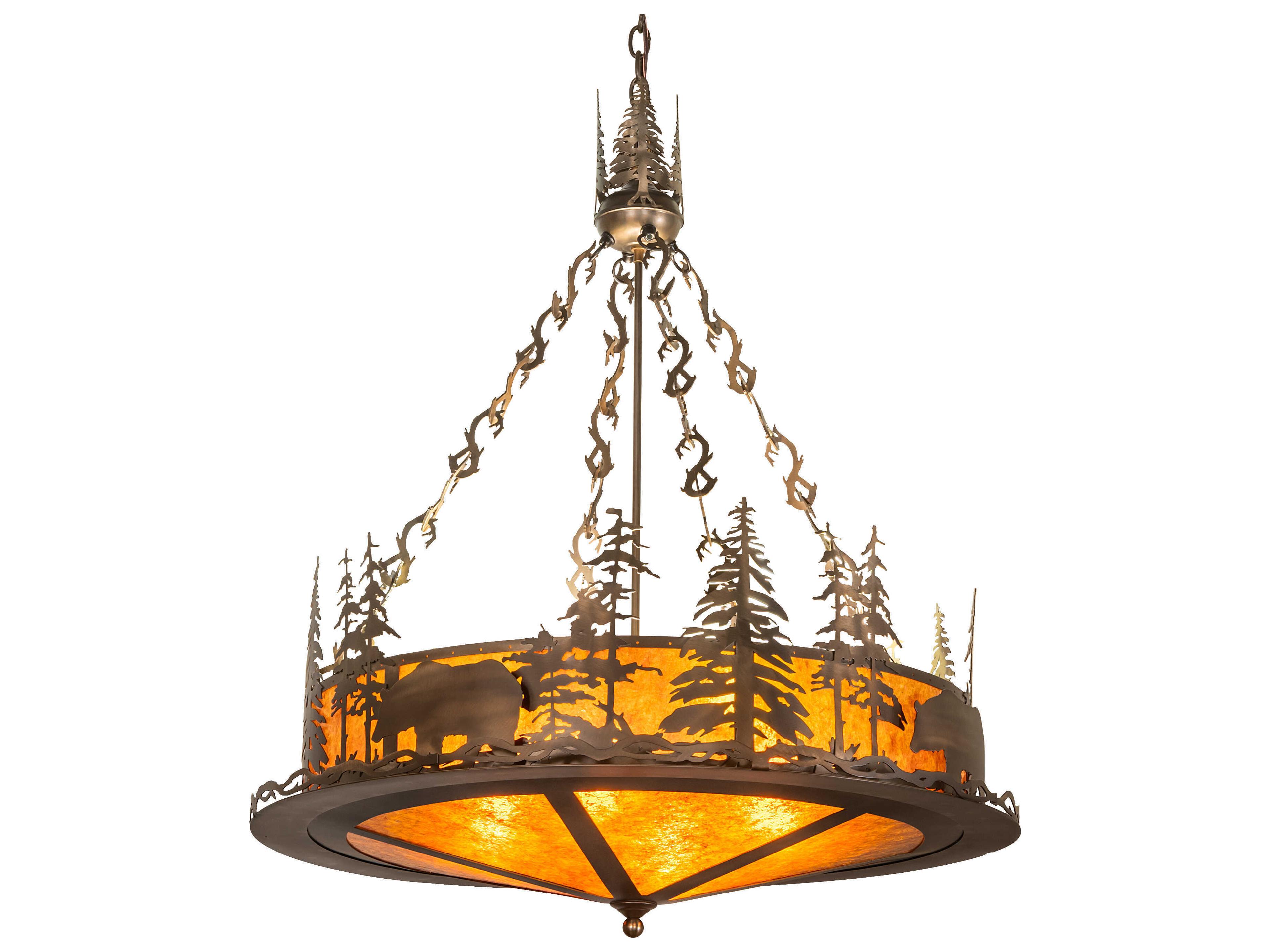 Bear At Lake 8-Light Antique Copper Round Pendant