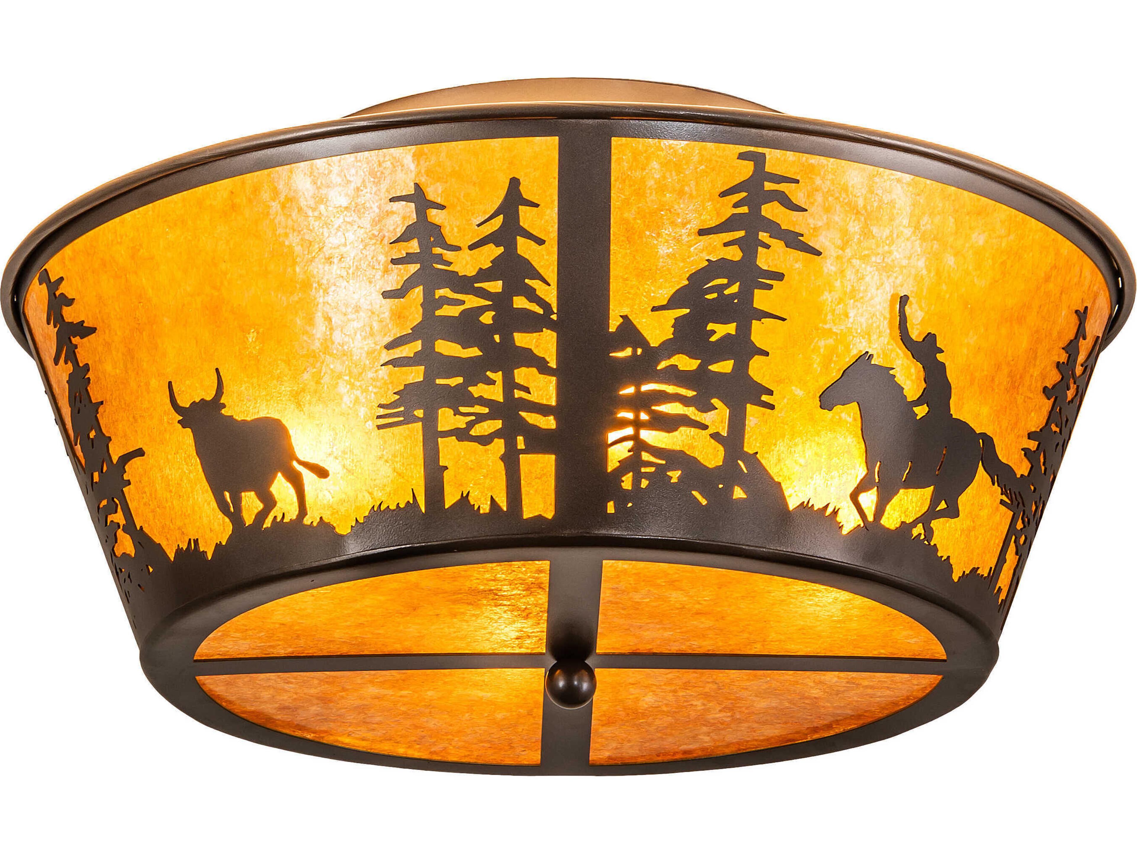 Cowboy And Steer 4-Light Bronze Flush Mount