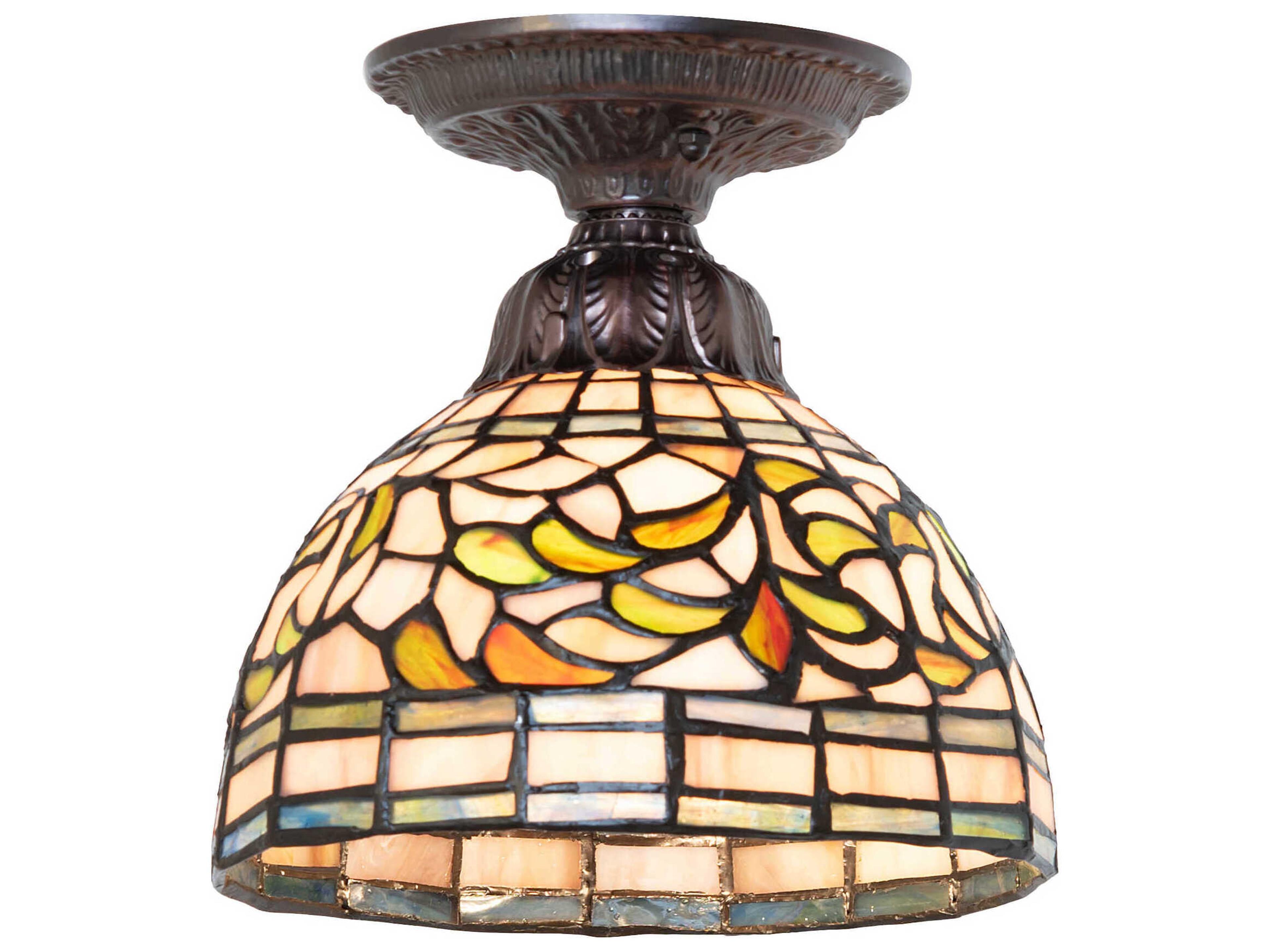 Tiffany Turning Leaf 1-Light Mahogany Bronze Traditional Dome Flush Mount