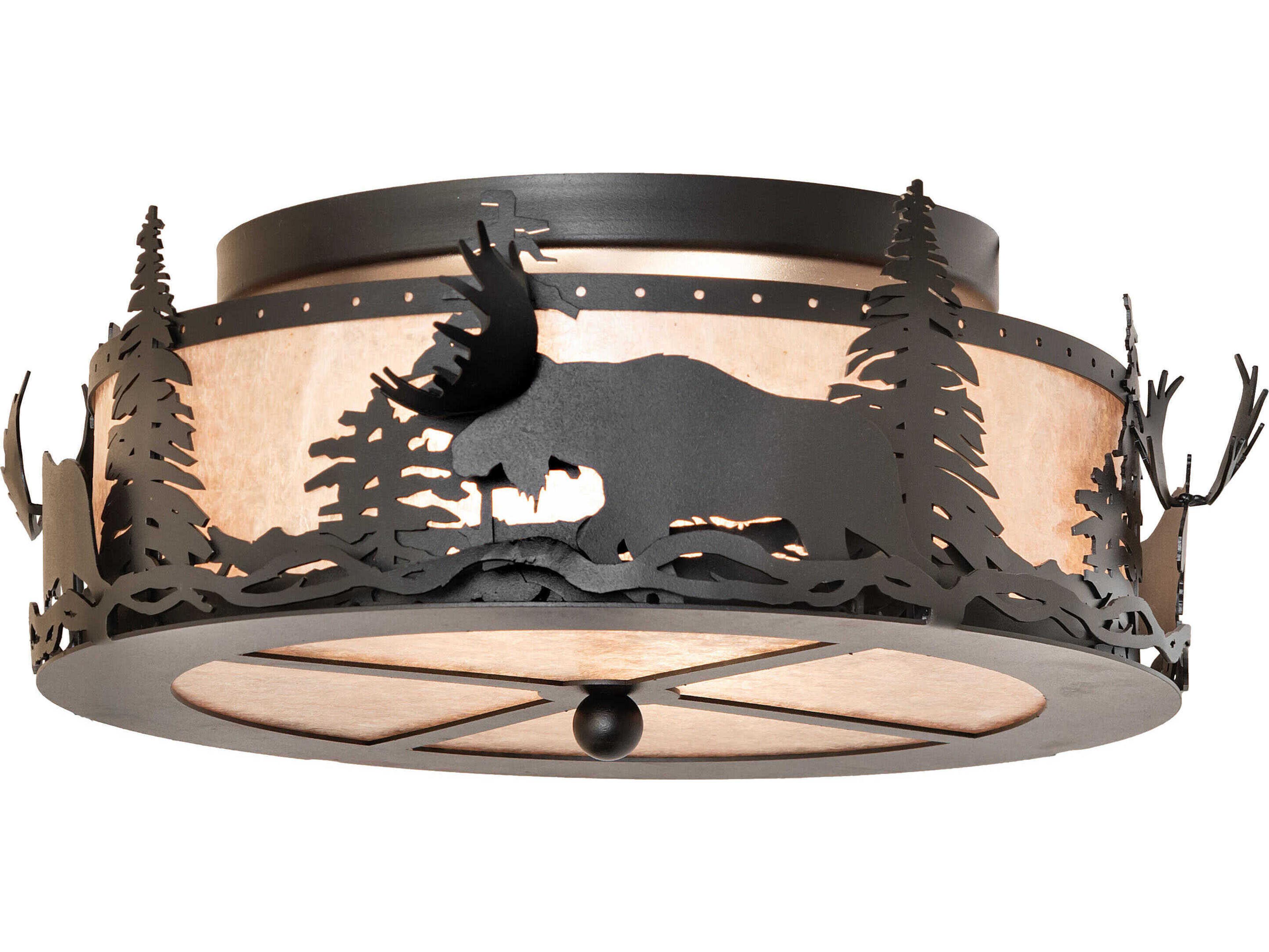 Moose At Dusk 2-Light Textured Black Round Flush Mount