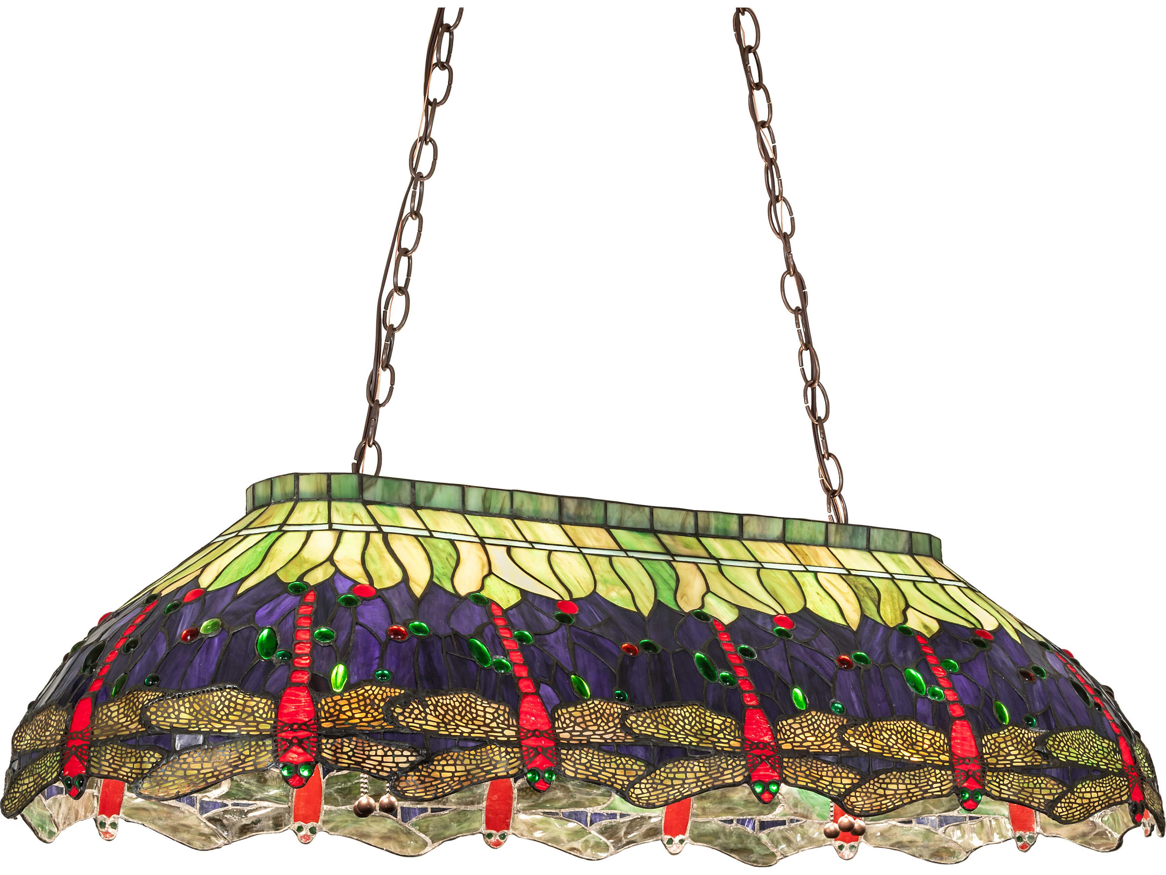 Tiffany Hanging Head Dragonfly 6-Light Stained Glass Bronze Linear Island Pendant