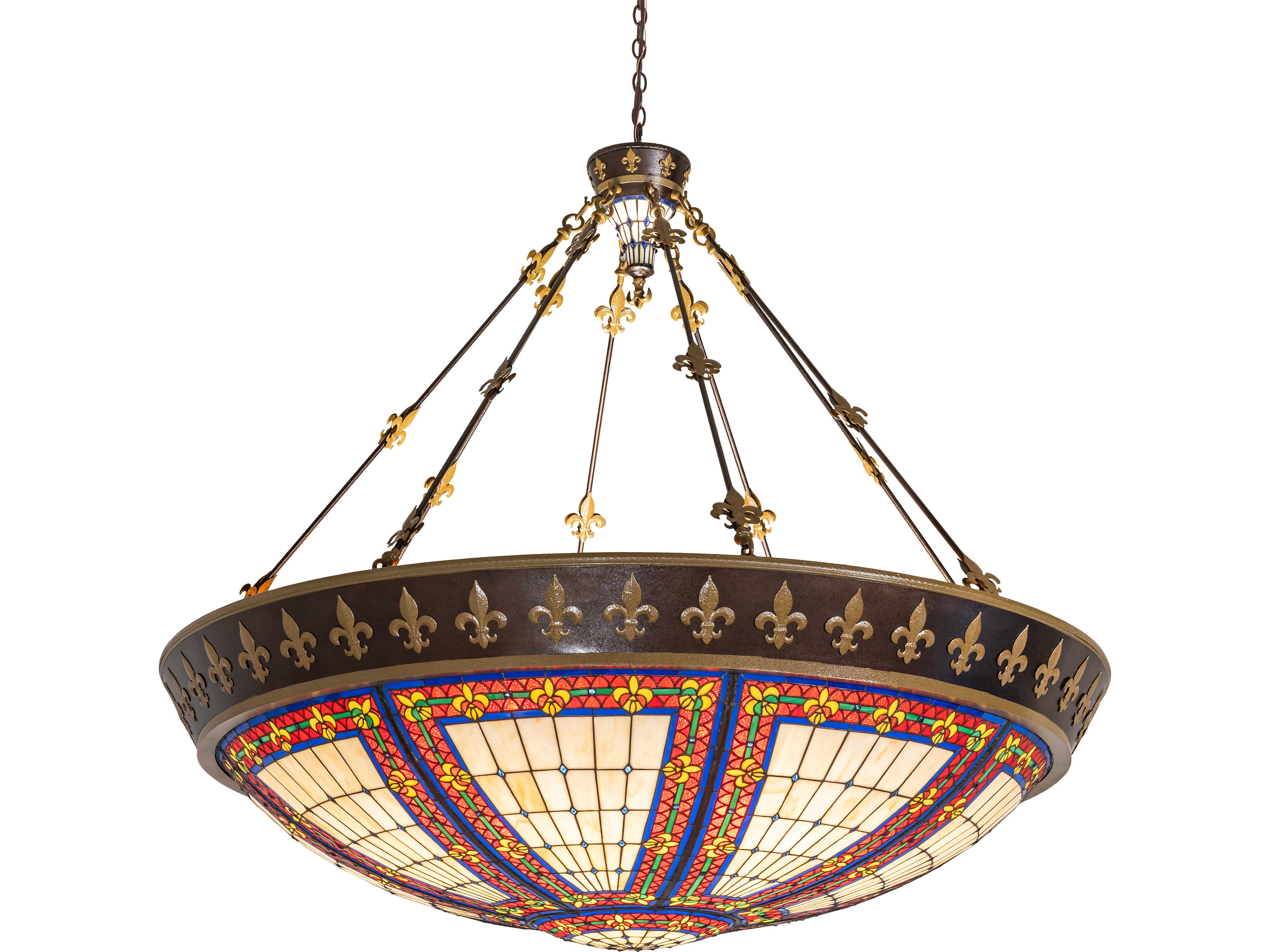 Fleur-de-lis 16-Light Stained Glass ambra Siena Copper Traditional Pendant