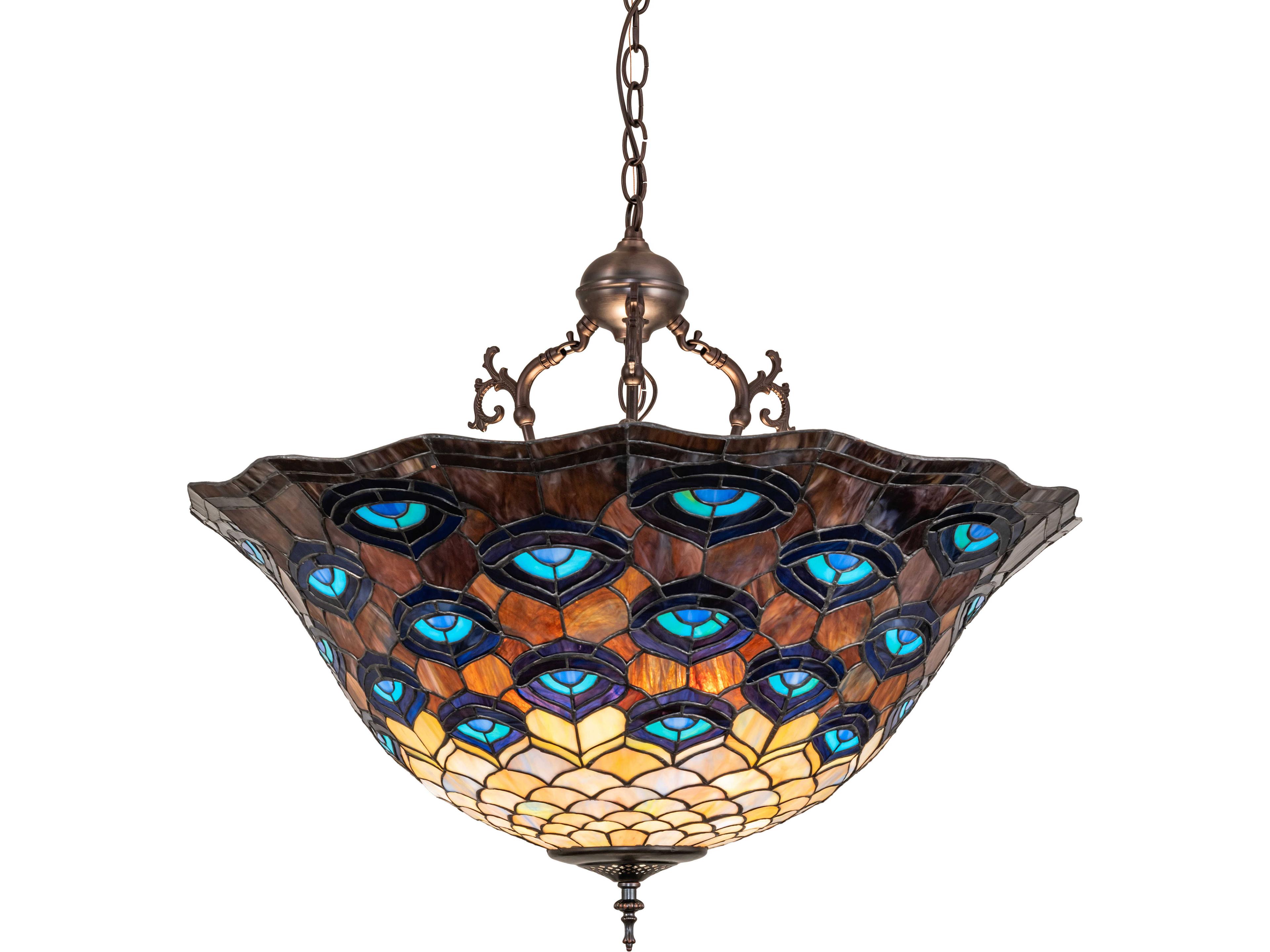 Tiffany Peacock Feather 3-Light Bronze Traditional Pendant