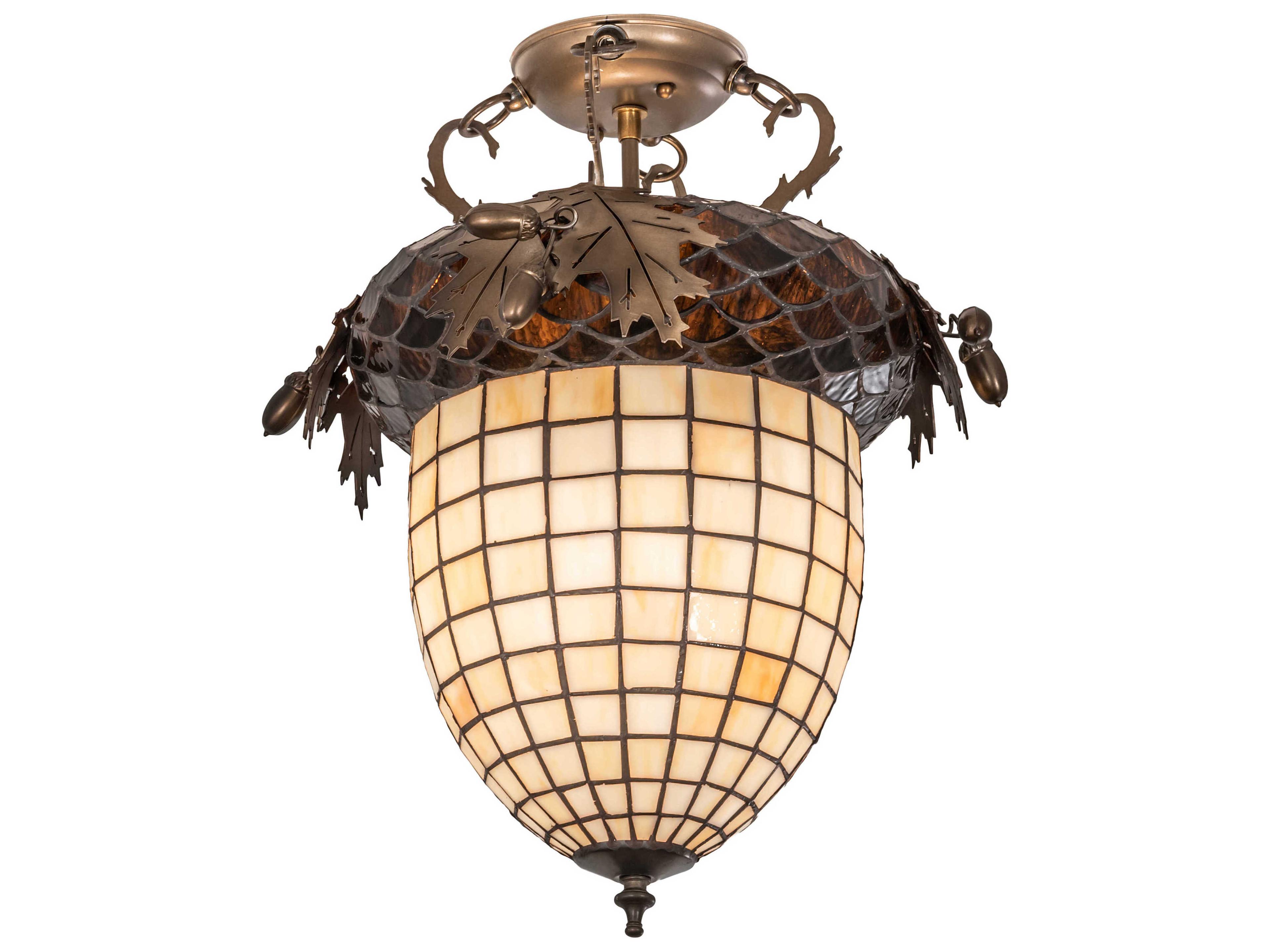 Oak Leaf & Acorn 1-Light Antique Copper Brown Glass Tiffany Bell Semi Flush Mount