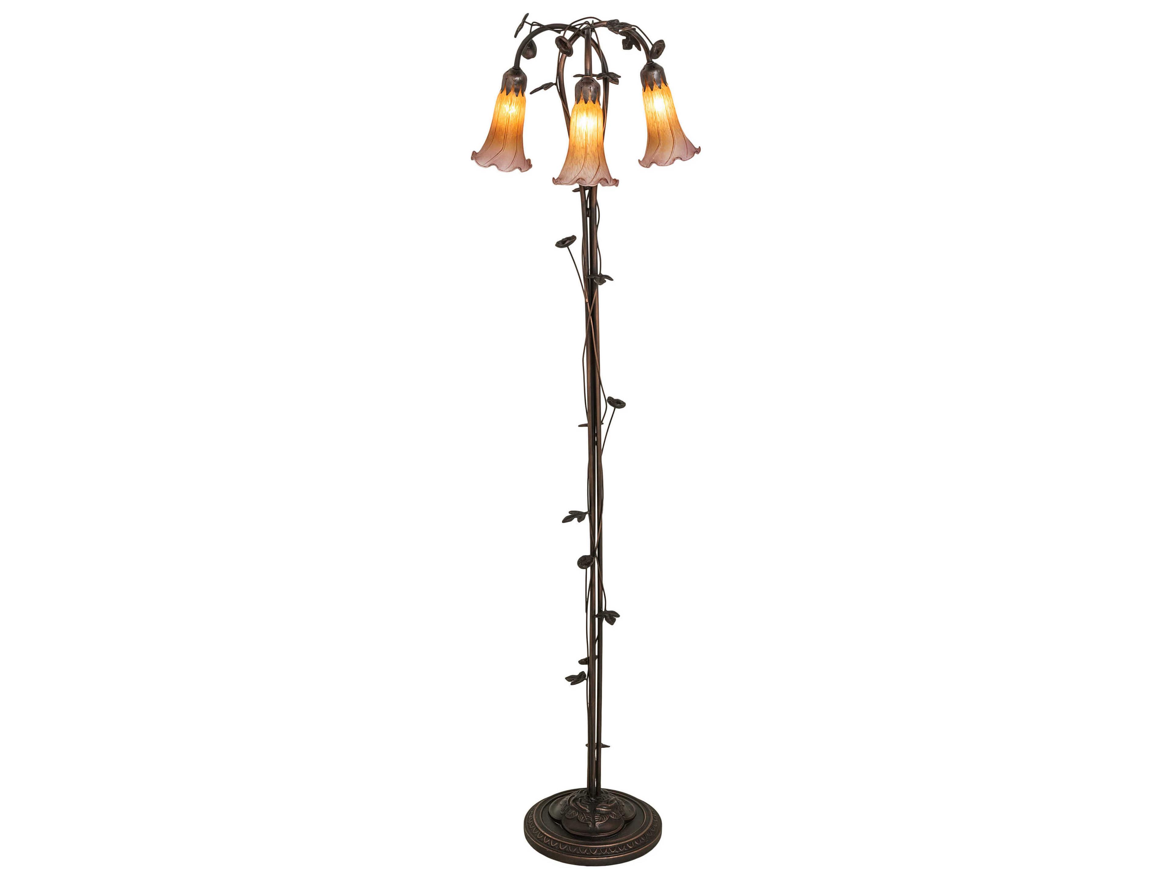 Pond Lily Mahogany Bronze Tiffany Floor Lamp with Amber Purple Glass Shade